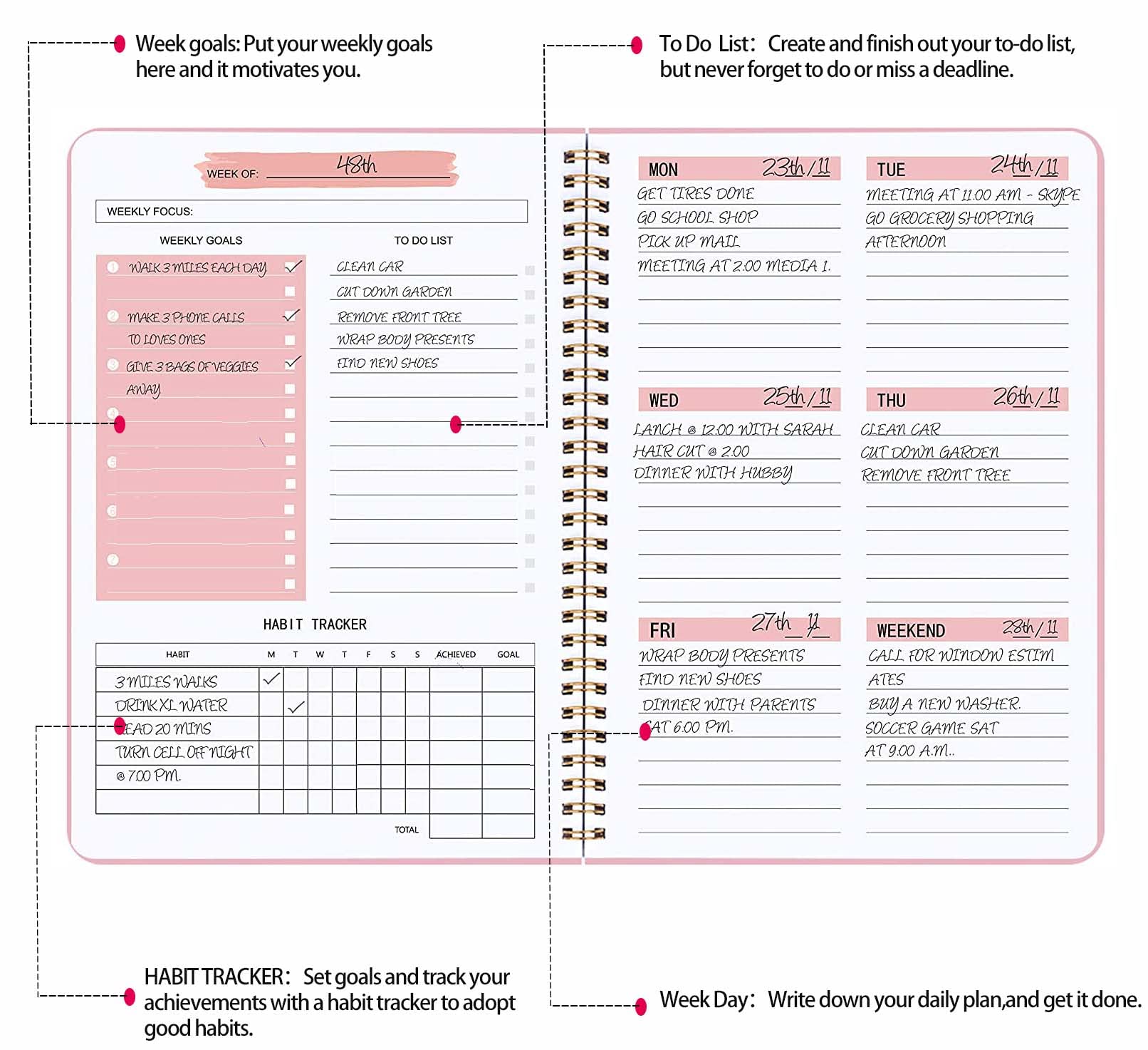 Moseem Weekly Planner Notebook - Undated A5 Daily Planner with Habit Tracker & To-Do List, 52 Weeks Goal Planner for College Students, Work & ADHD Organization (Pink) | Perfect for Productivity, Time Management & Stress Relief