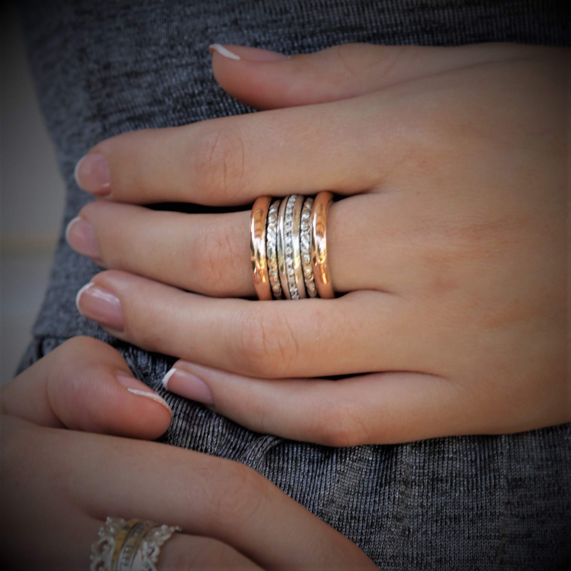 Rose Gold Spinner Ring for Women - 9K Gold & Silver Meditation Ring with Zircons, Wide Boho Wedding Band (Perfect for Stress Relief, Yoga, and Everyday Wear)