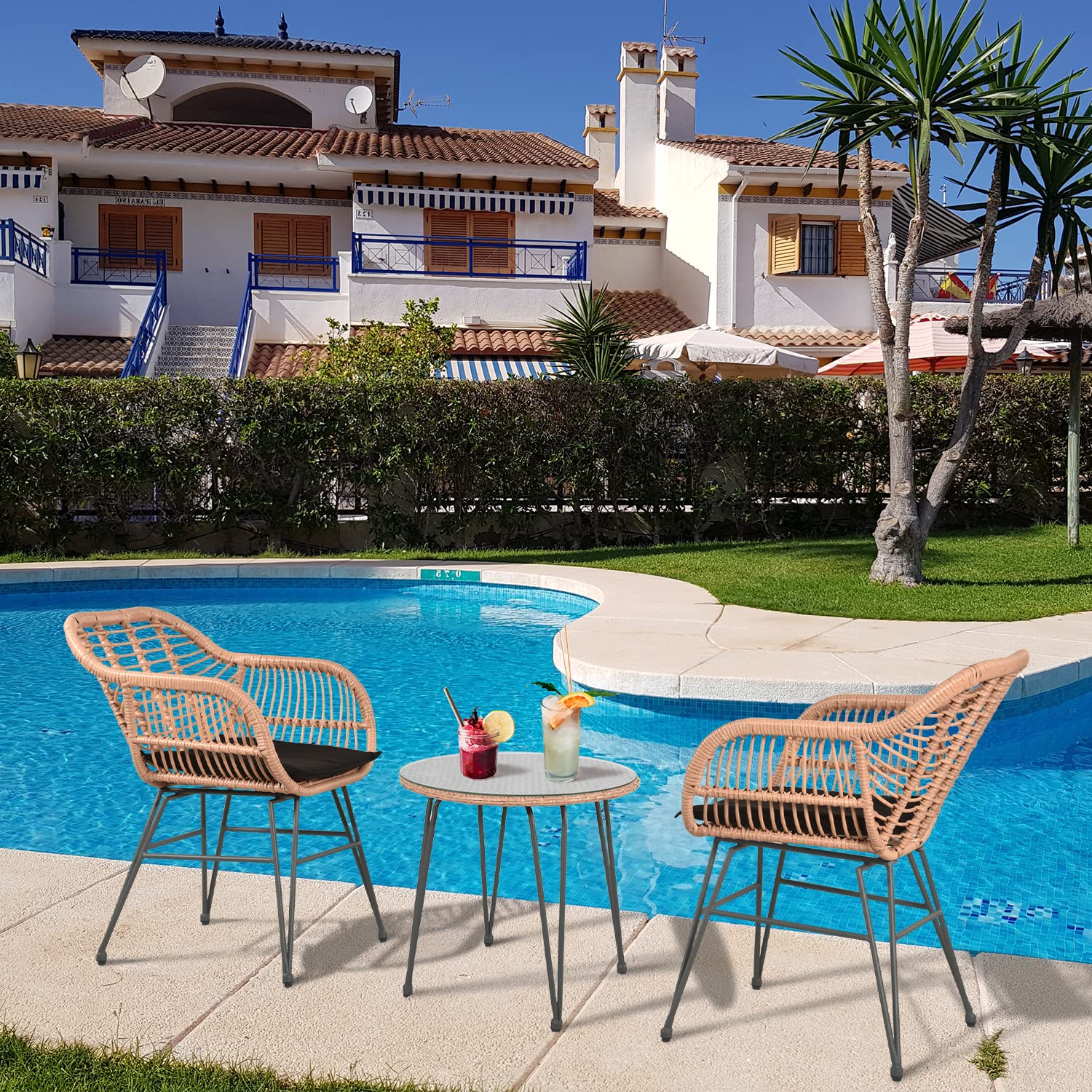 3-Piece Outdoor Wicker Bistro Set - Patio Chairs & Table with Cushions - Rattan Conversation Furniture for Poolside, Garden, Backyard, Porch - Perfect for Outdoor Dining & Relaxing