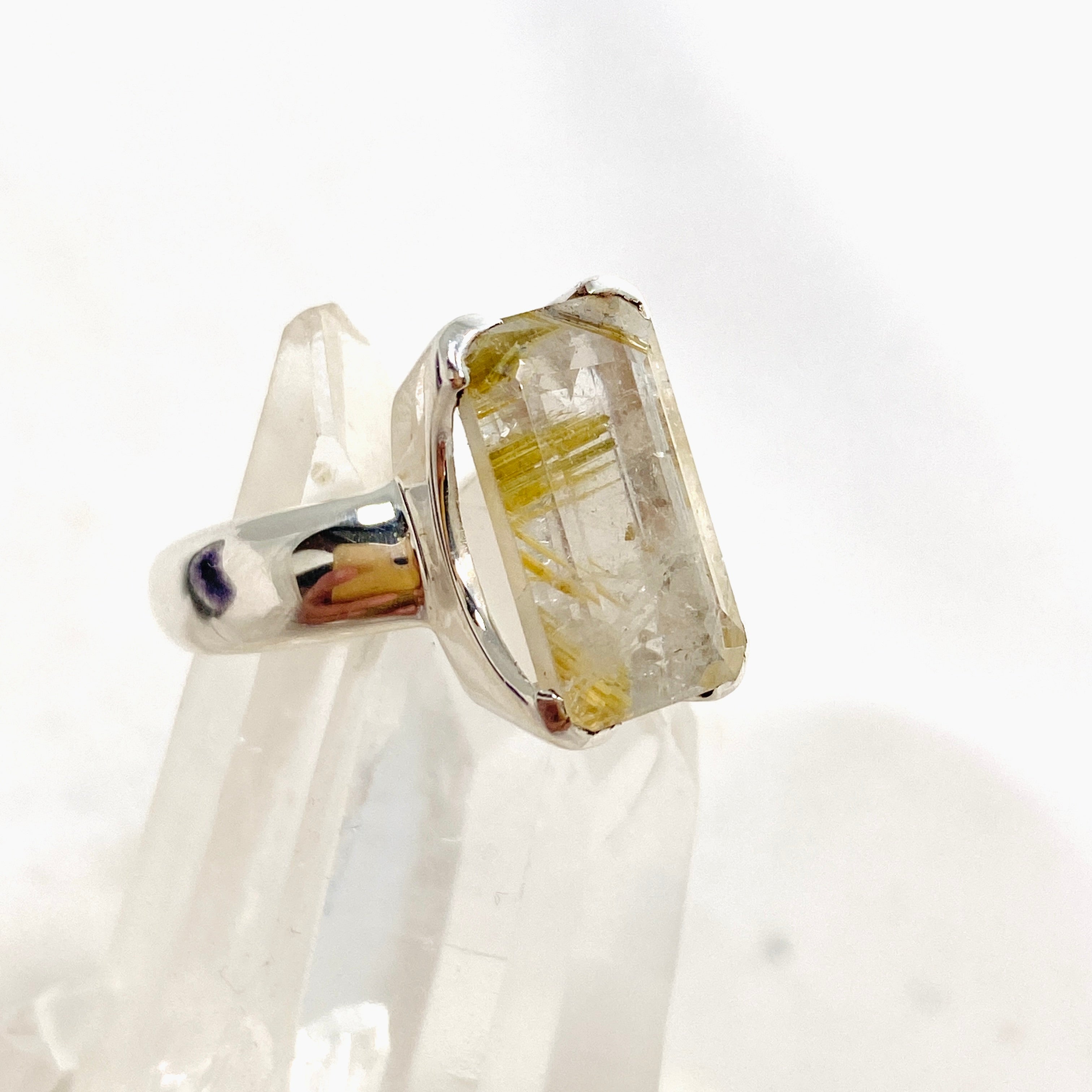 Rutilated Quartz Faceted Rectangular Ring Size 8 - Elegant Gold Jewelry for Women, Perfect for Weddings & Special Occasions