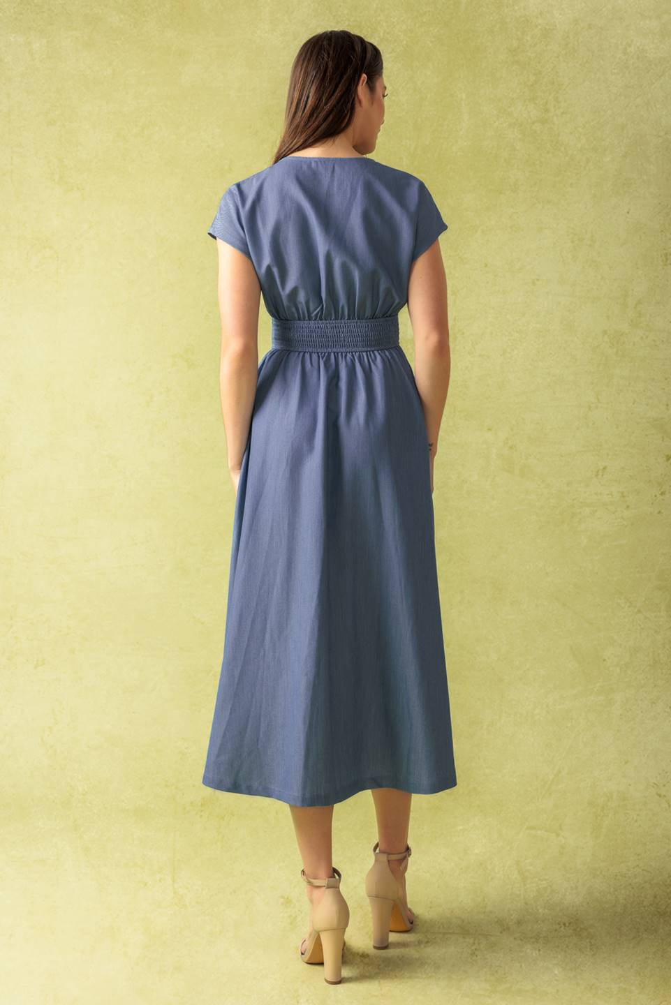 BRIGHT MORNINGS MIDI DRESS in Slate Blue - Elegant Casual Summer Dress for Women | Perfect for Beach Vacations, Brunch Dates & Office Wear