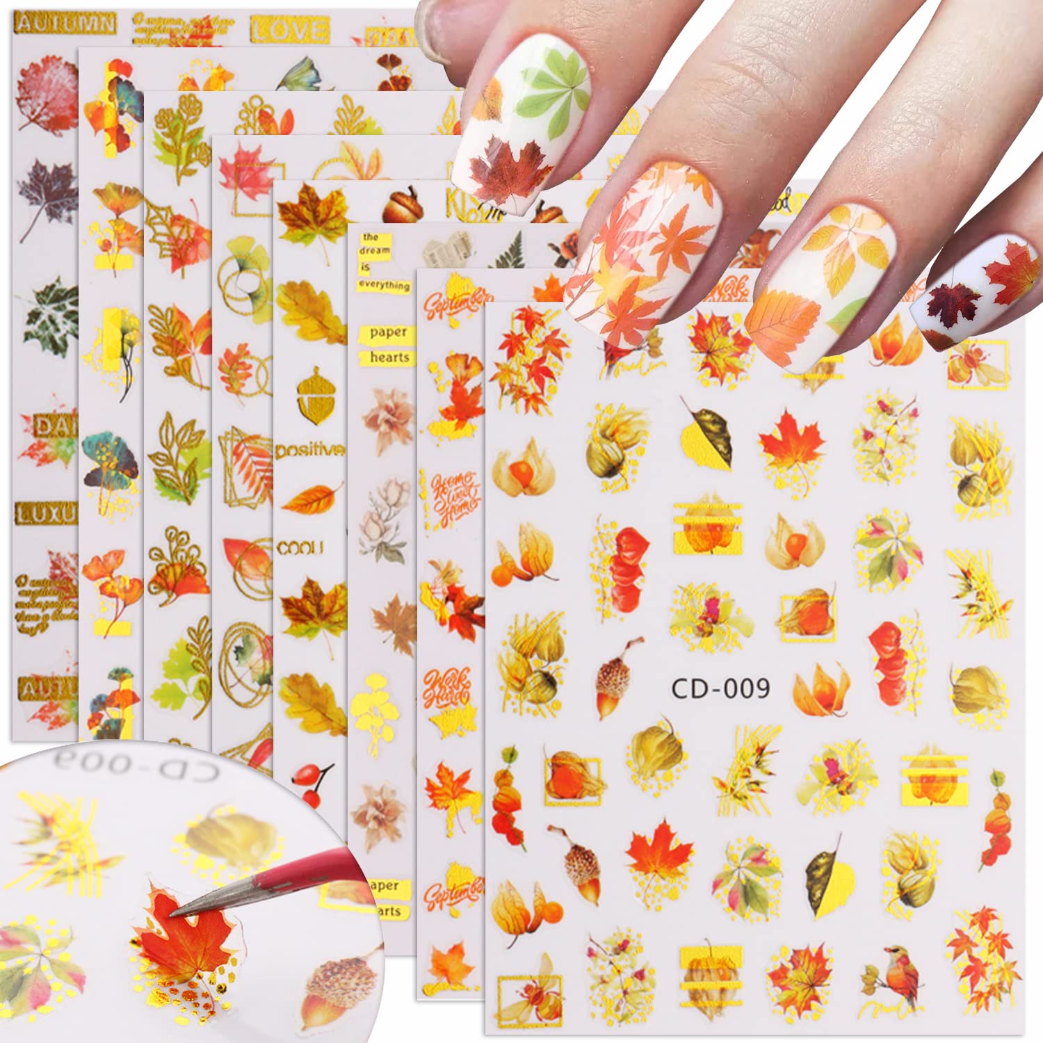 Autumn Maple Leaf Nail Stickers - 3D Self-Adhesive Nail Art Decals with Ginkgo Design for Women & Girls (8 Sheets) - Perfect for Fall Nail Art, Thanksgiving Parties, and Seasonal Manicures