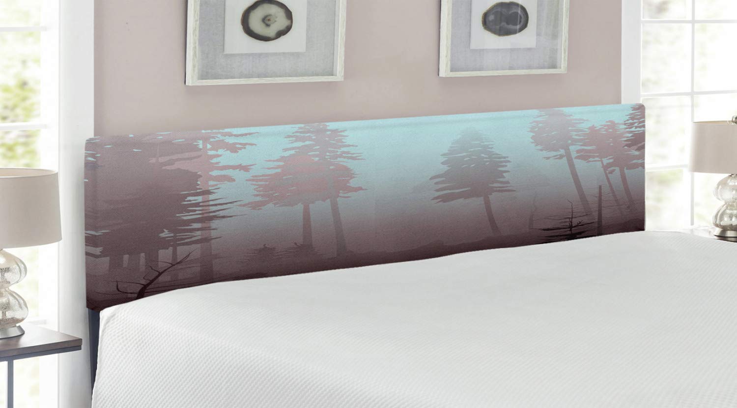 Ambesonne King Size Upholstered Headboard - Mysterious Forest with Fog & Coniferous Trees Design, Memory Foam Decorative Metal Bed Headboard in Pale Blue | Perfect for Bedroom Decor, Cozy Cabin Retreats & Nature-Inspired Home Interiors