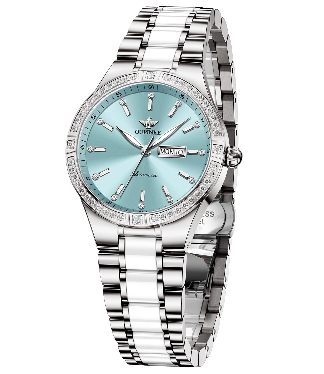 OUPINKE Luxury Automatic Women's Watch with Diamond Bezel, Self-Winding Stainless Steel, Sapphire Crystal & Ceramic Band - Elegant Dress Watch for Women, Perfect for Business, Parties & Special Occasions
