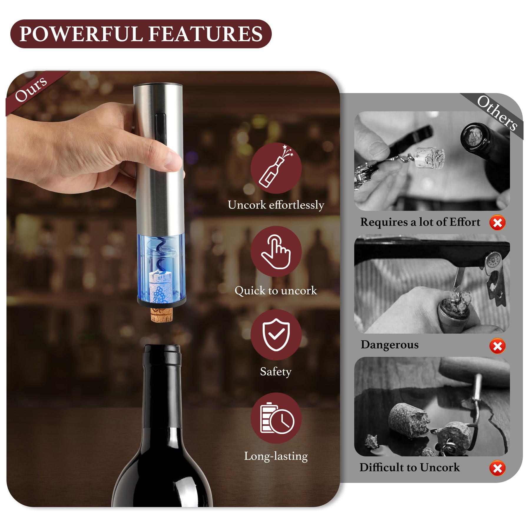 Rechargeable Electric Wine Opener Set - Automatic Cordless Stainless Steel Wine Bottle Opener with Stand, Foil Cutter, Pourer & Vacuum Stopper | Perfect Gift for Wine Lovers, Dinner Parties & Home Bars