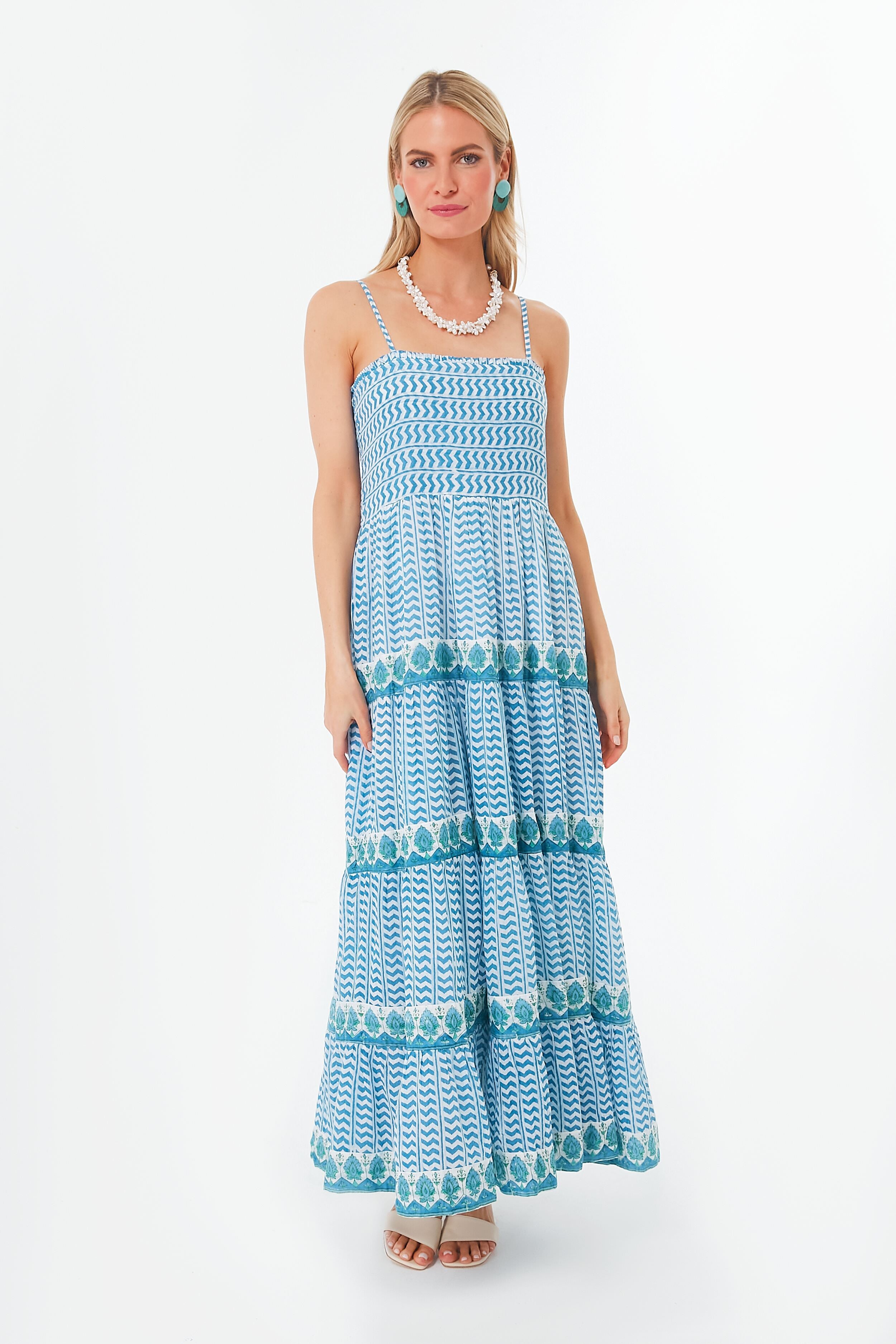 Blue Marley Smocked Back Maxi Dress for Women - Flowy Summer Beach Dress with Elastic Waist, Boho Chic Vacation Outfit | Perfect for Beach Parties, Weddings & Date Nights
