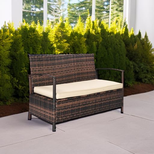 VINGLI 40 Gallon Outdoor Storage Bench - Large Capacity Wicker Deck Box with Cushion, Patio Furniture for Porch, Yard, Garden & Lawn | Weather-Resistant Rattan Design for Outdoor Seating & Organization