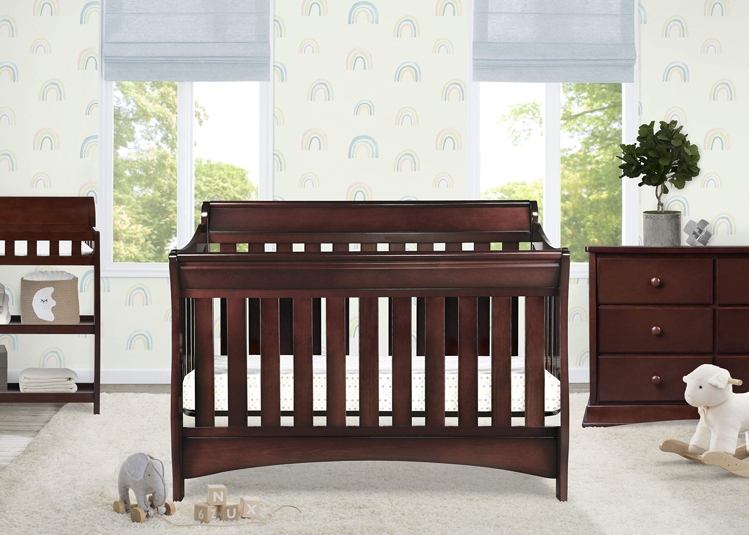 Delta Children Bentley S Series 4-in-1 Convertible Crib in Black Cherry Espresso with Serta Perfect Slumber Dual-Sided Recycled Fiber Core Crib & Toddler Mattress Set - Nursery Essentials for Newborns to Big Kids