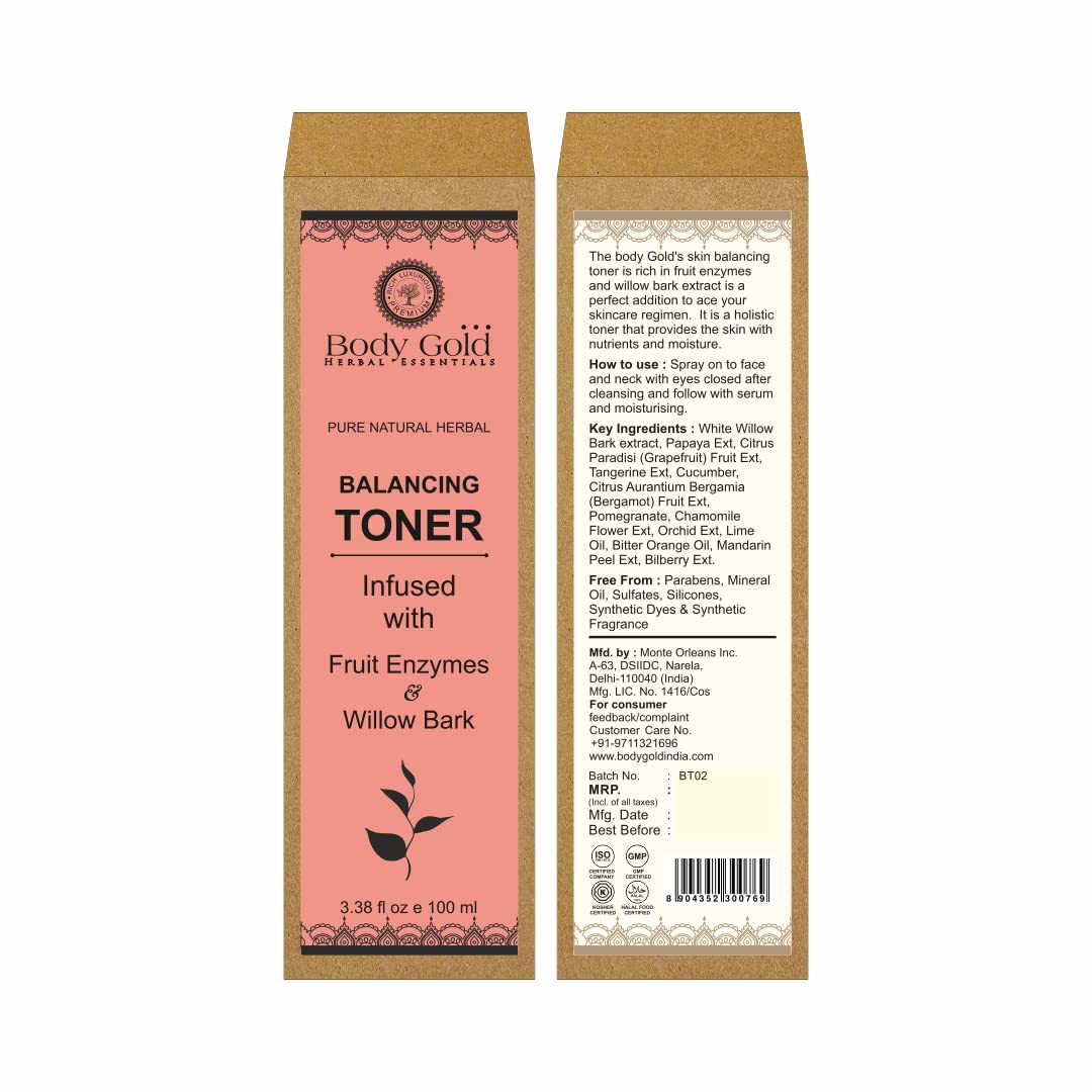 Body Gold Balancing Toner - Skin Balancing Facial Toner with Fruit Enzymes & Willow Bark Extract (100ml) | Hydrating, Soothing & Clarifying for All Skin Types | Perfect for Daily Skincare Routine & Post-Cleansing Treatment