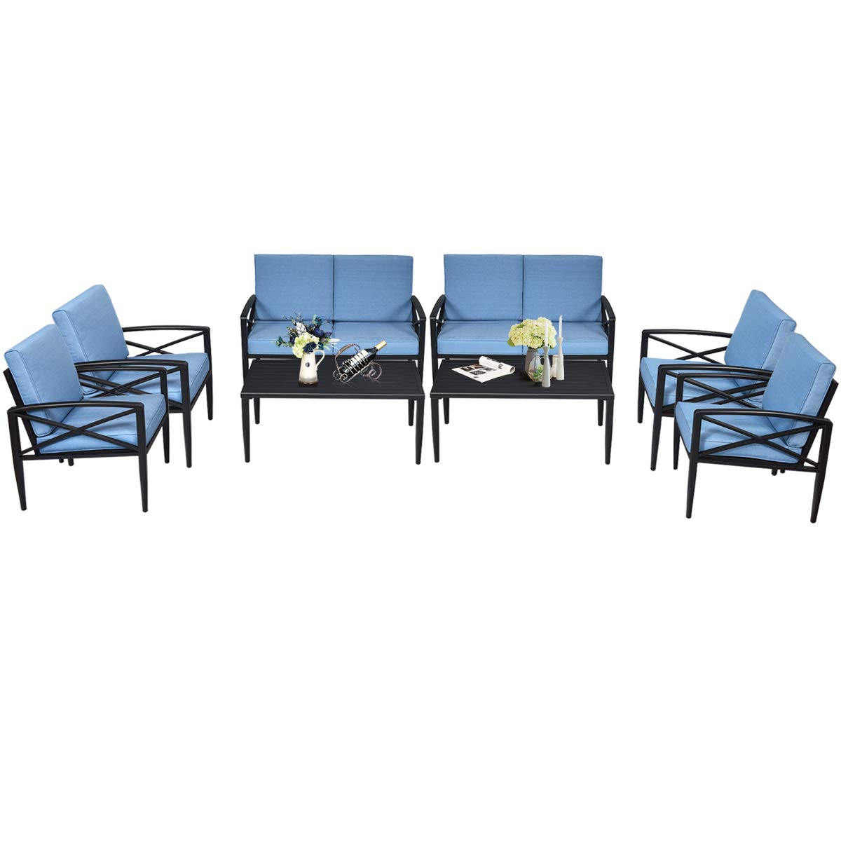 Tangkula 8-Piece Outdoor Patio Furniture Set - 2 Loveseats, 4 Single Sofas & 2 Coffee Tables with Cushions - Durable Aluminum Garden Conversation Set for Backyard, Poolside, Deck or Terrace (Blue)