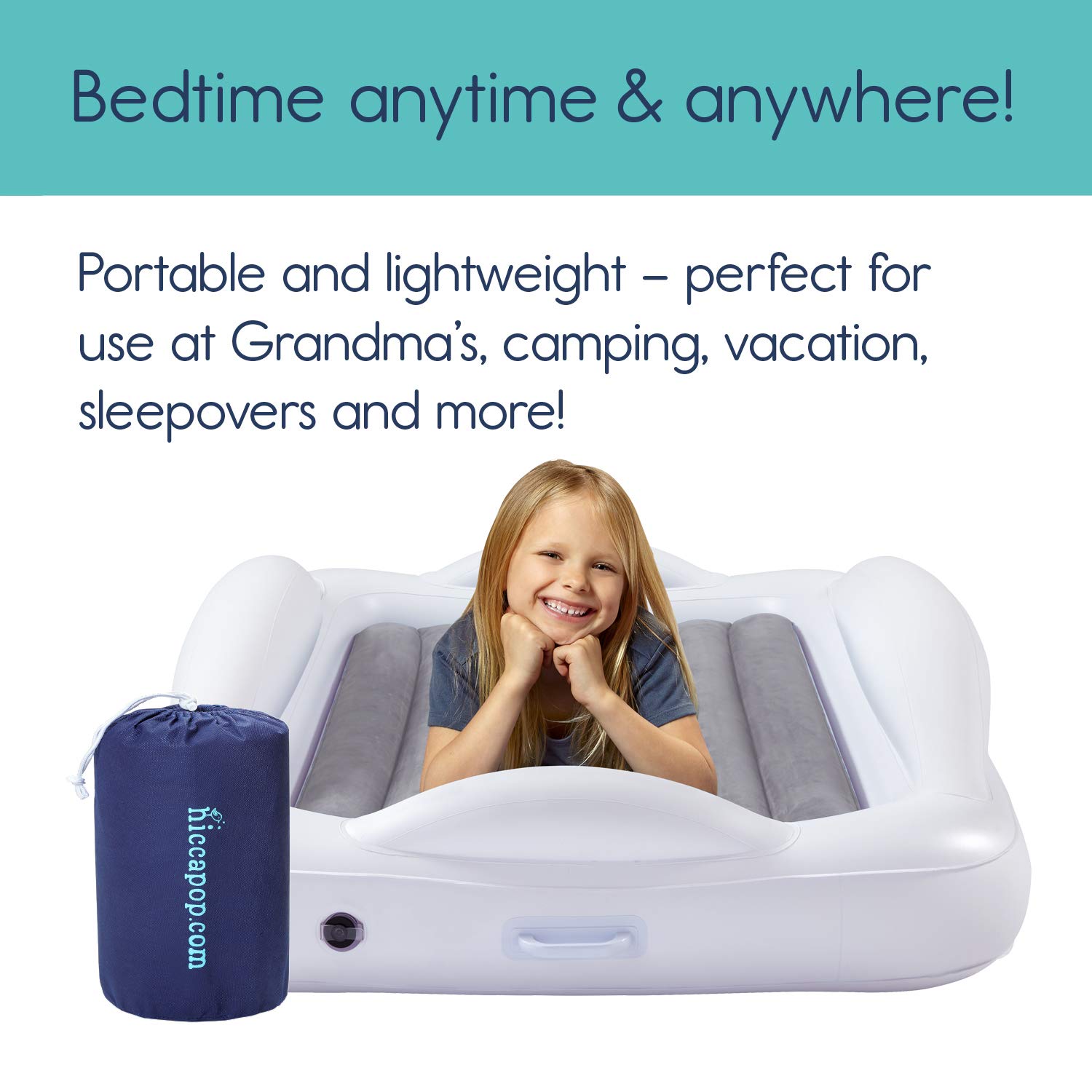 Hiccapop Inflatable Toddler Travel Bed with 4-Sided Safety Bumpers | Portable Kids Air Mattress for Camping, Sleepovers & Travel | Grey Toddler Bed for Boys & Girls