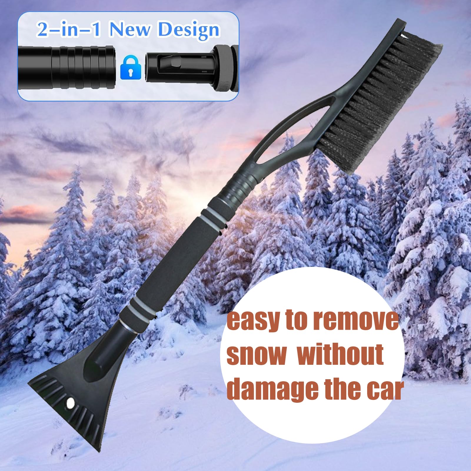 Huiyuenuo 2-in-1 Car Ice Scraper and Snow Brush with Broom - Heavy Duty Windshield Snow Removal Tool for Winter Car Cleaning (Perfect for Trucks, SUVs and Sedans)