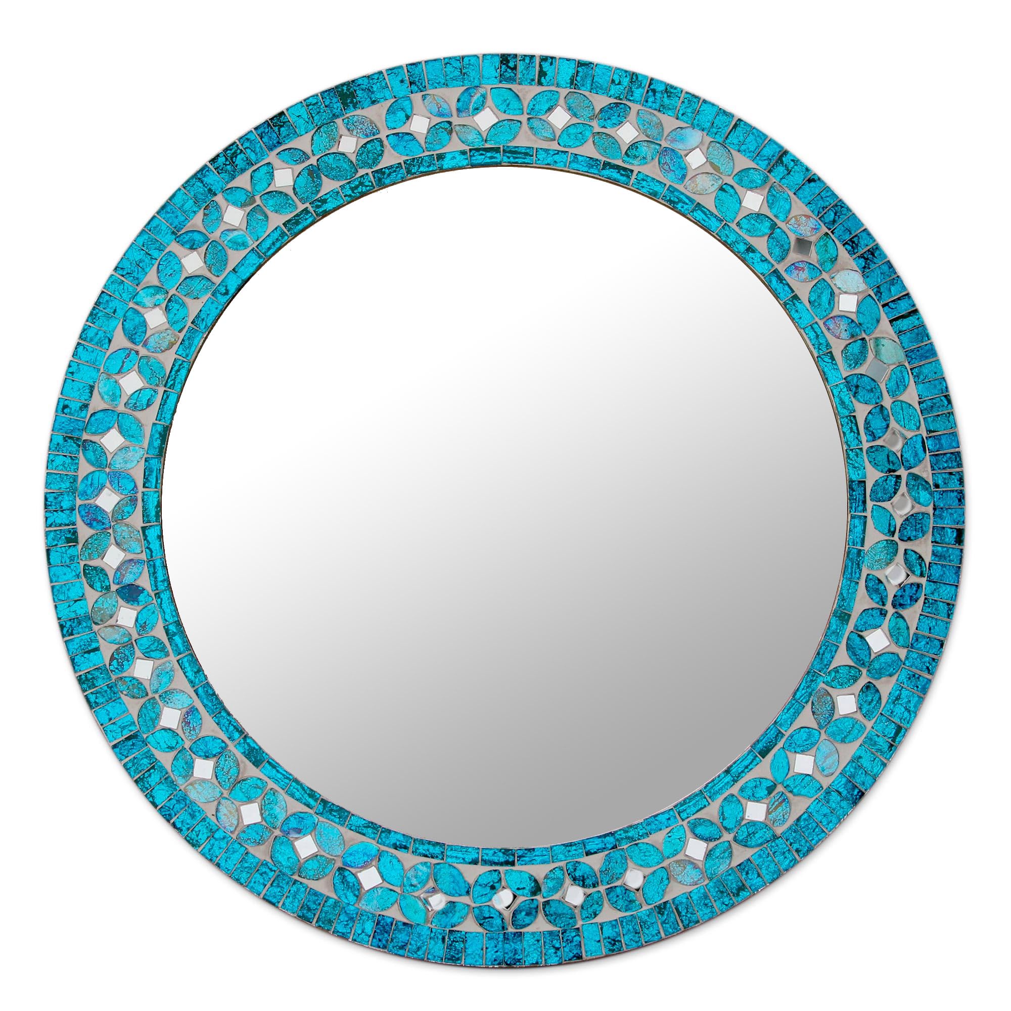 Handmade Turquoise Blossom Glass Mosaic Wall Mirror - Boho Home Decor for Bathroom, Bedroom & Entryway | NOVICA Artisan Crafted