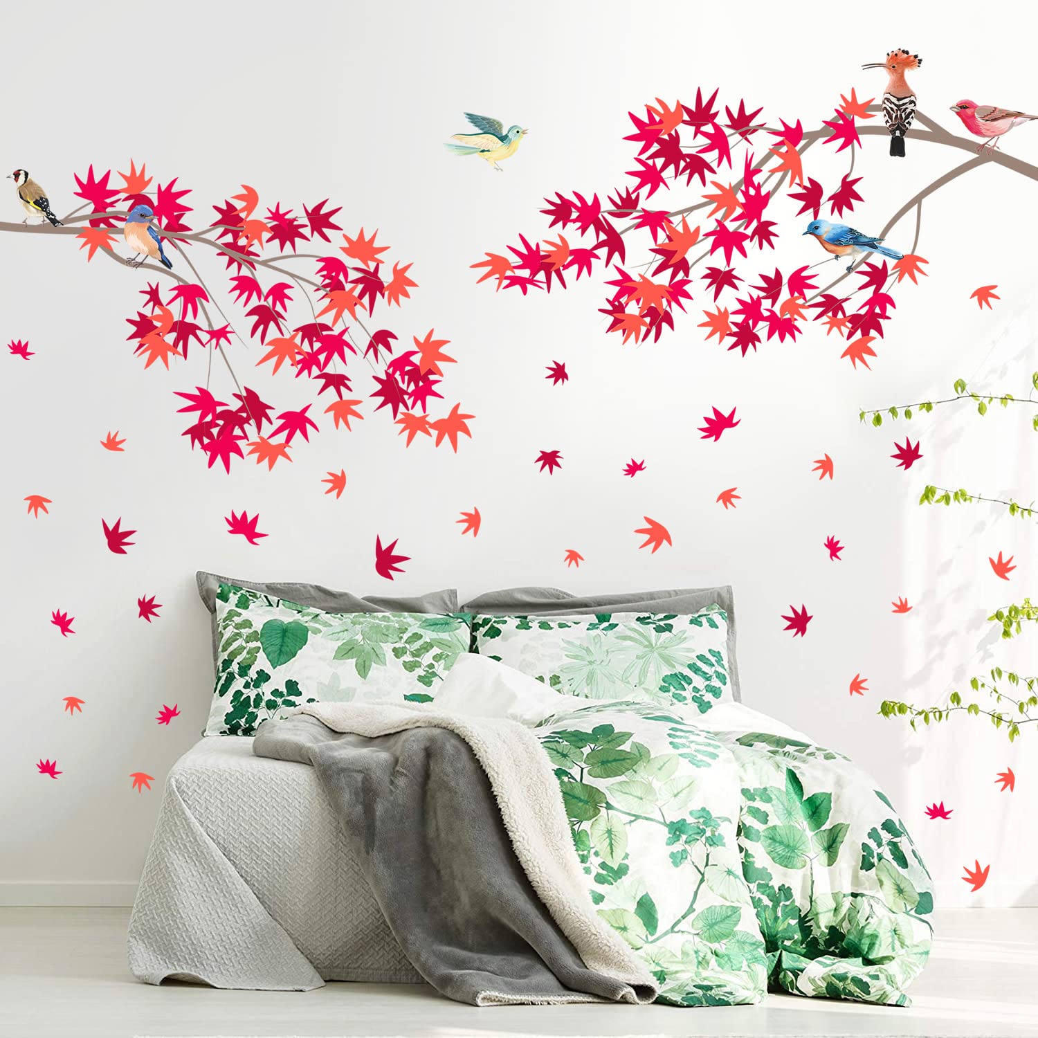Thanksgiving Maple Leaf Wall Decals - Fall Red Leaves with Birds on Branches, Removable Peel & Stick Vinyl Wall Art for Autumn Home Decor | Perfect for Kids Bedroom, Nursery, and Seasonal Thanksgiving Party Decorations