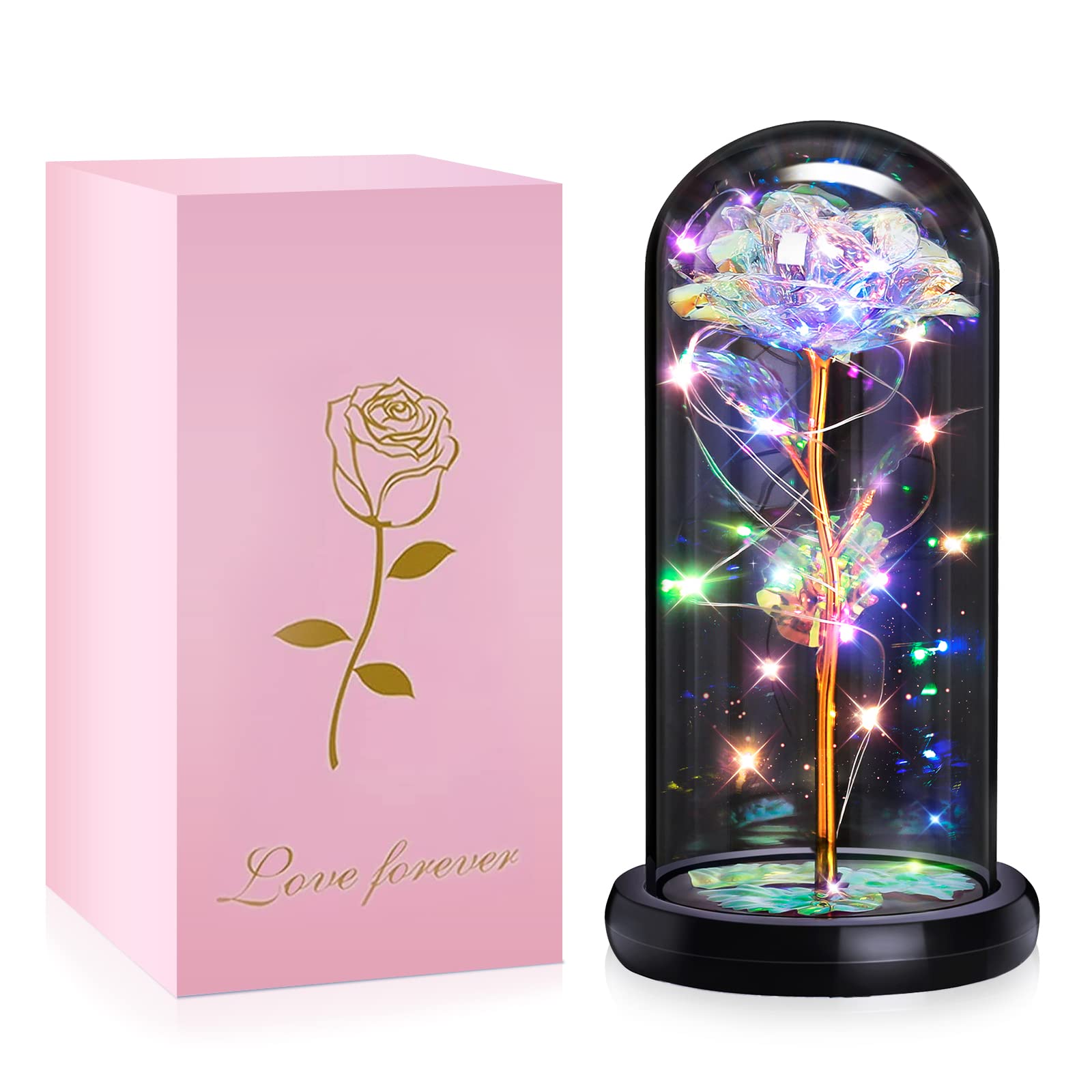 Mother's Day Rose Gift for Mom - Elegant Rainbow Light Up Rose in Glass Dome - Birthday, Anniversary, Wedding Gift for Women - Perfect Gift from Daughter or Son - Romantic Home Decor & Special Occasion Present