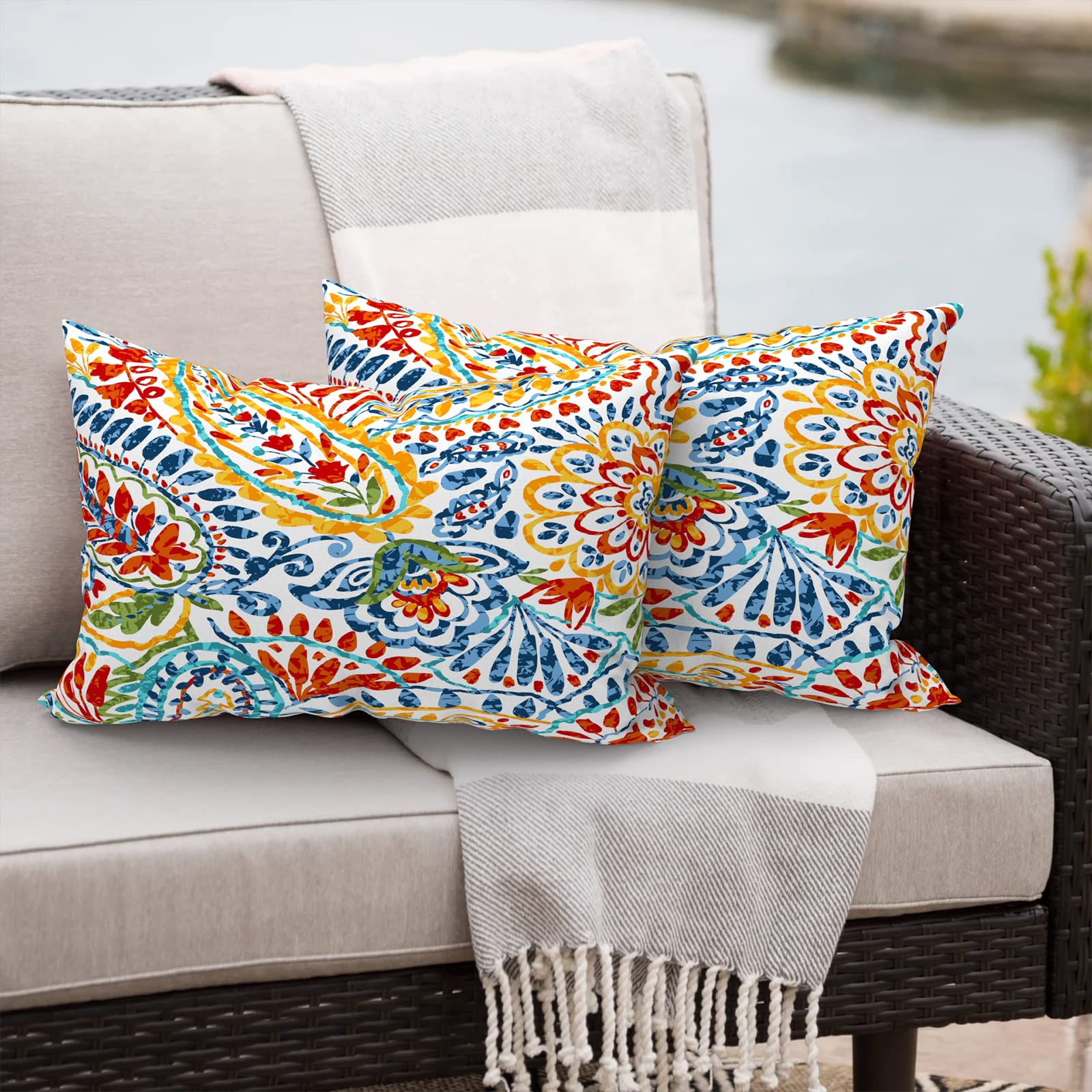Waterproof 12x20 Inch Lumbar Pillows for Outdoor & Indoor Use - Pack of 2 Paisley Print Cushions with Inserts - Perfect for Patio Furniture, Garden Chairs, Sofas and Bed Decor