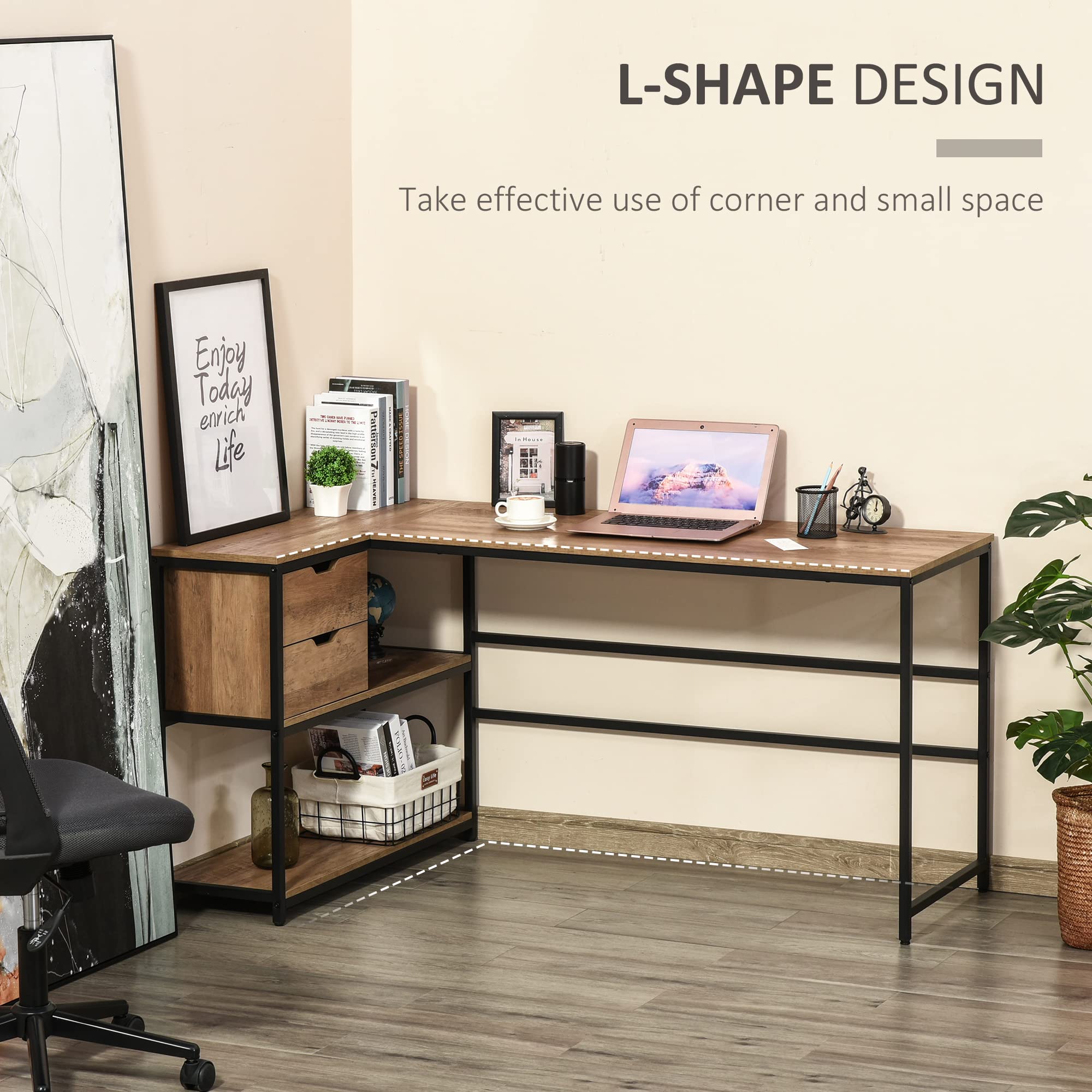 HOMCOM L-Shaped Home Office Computer Desk with Storage Shelves, 2 Drawers & Industrial Steel Frame - Black/Brown - Perfect for Small Spaces, Gaming & Workstation Setup