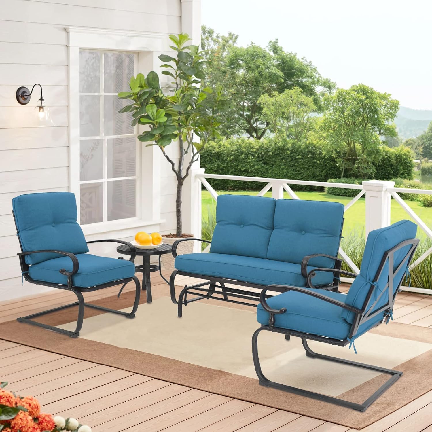 SOLAURA 4-Piece Outdoor Patio Furniture Set - Peacock Blue Glider Loveseat Swing, Spring Lounge Chairs & Side Table - Perfect for Garden, Deck, Balcony, Poolside & Lawn Relaxation | Durable Weather-Resistant Conversation Set for Outdoor Entertaining