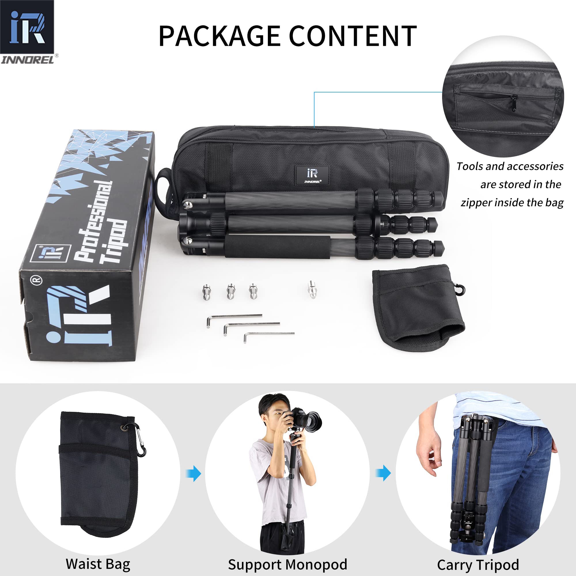 INNOREL RT55C Carbon Fiber Tripod - Lightweight Portable Travel Tripod & Monopod for DSLR Cameras, Max Height 59in/150cm, Load Capacity 26lb/12kg - Perfect for Photography, Vlogging & Outdoor Adventures