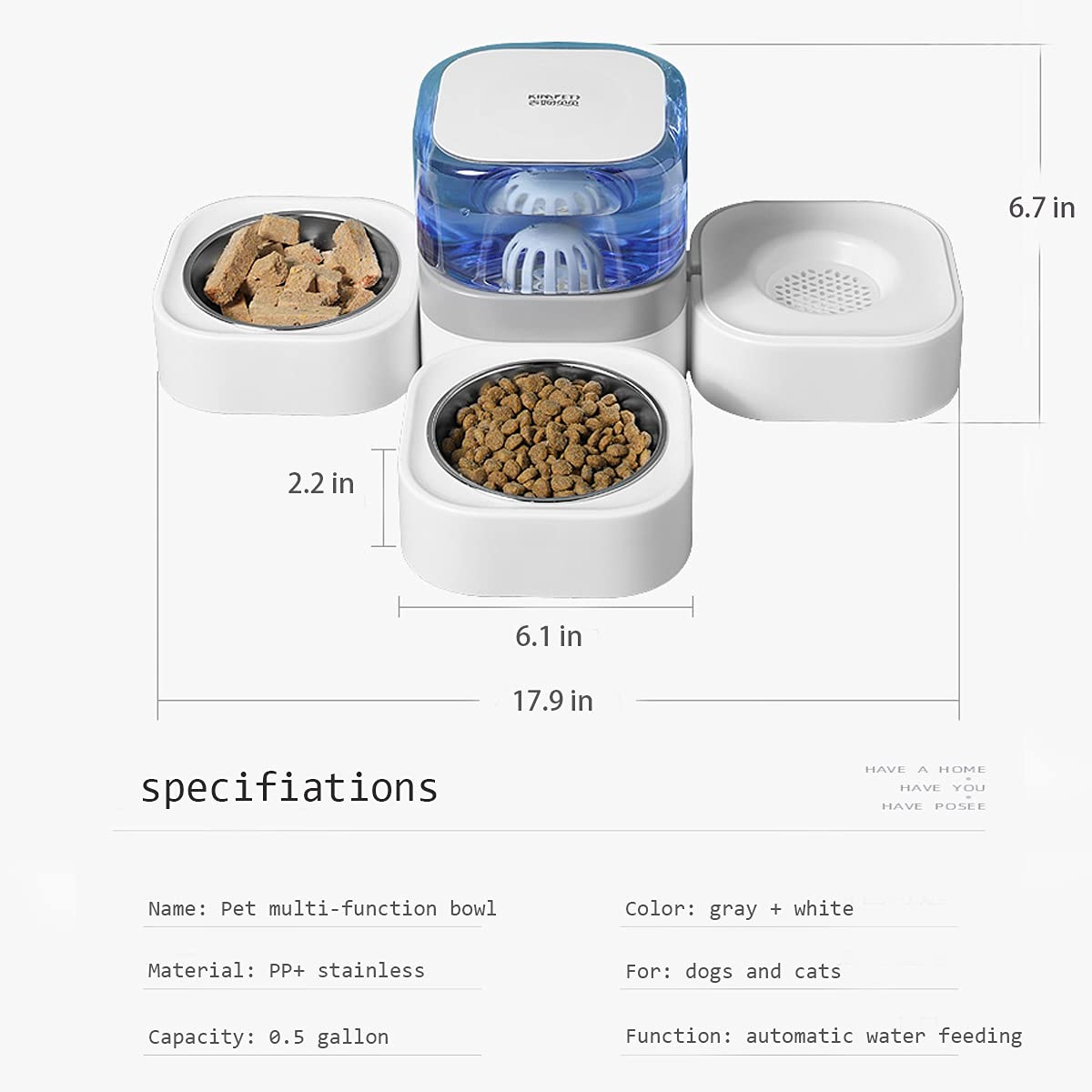 Automatic Gravity Pet Water Dispenser and Feeder - 0.5 Gallon for Small to Medium Cats & Dogs - 3 Stainless Steel Bowls - Perfect for Home, Office, or Travel Use