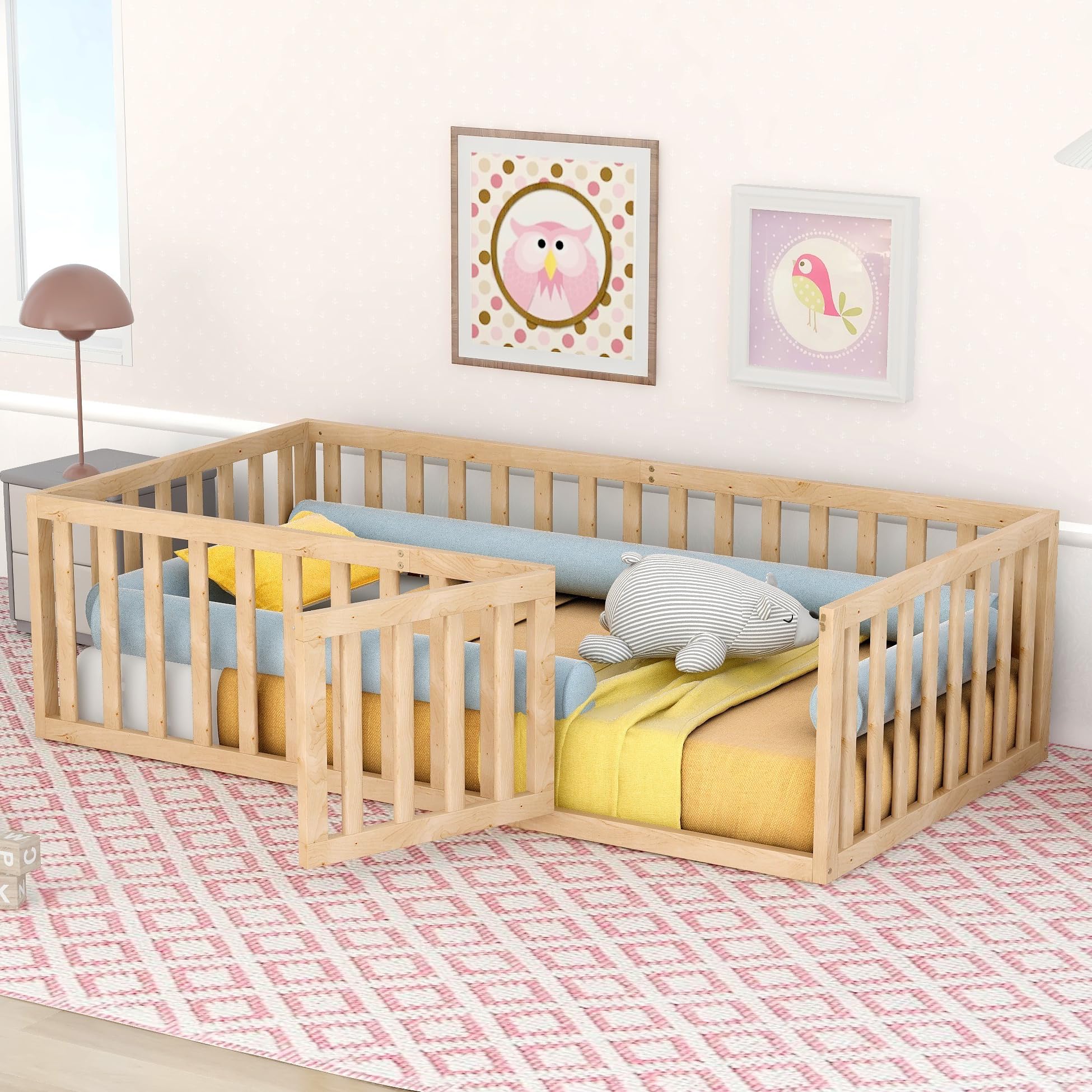Bellemave Twin Floor Bed with Safety Fence & Door - Montessori Kids Bed Without Slats - Natural Wood Toddler Bed for Boys & Girls - Perfect for Montessori Bedrooms & Safe Sleep Training