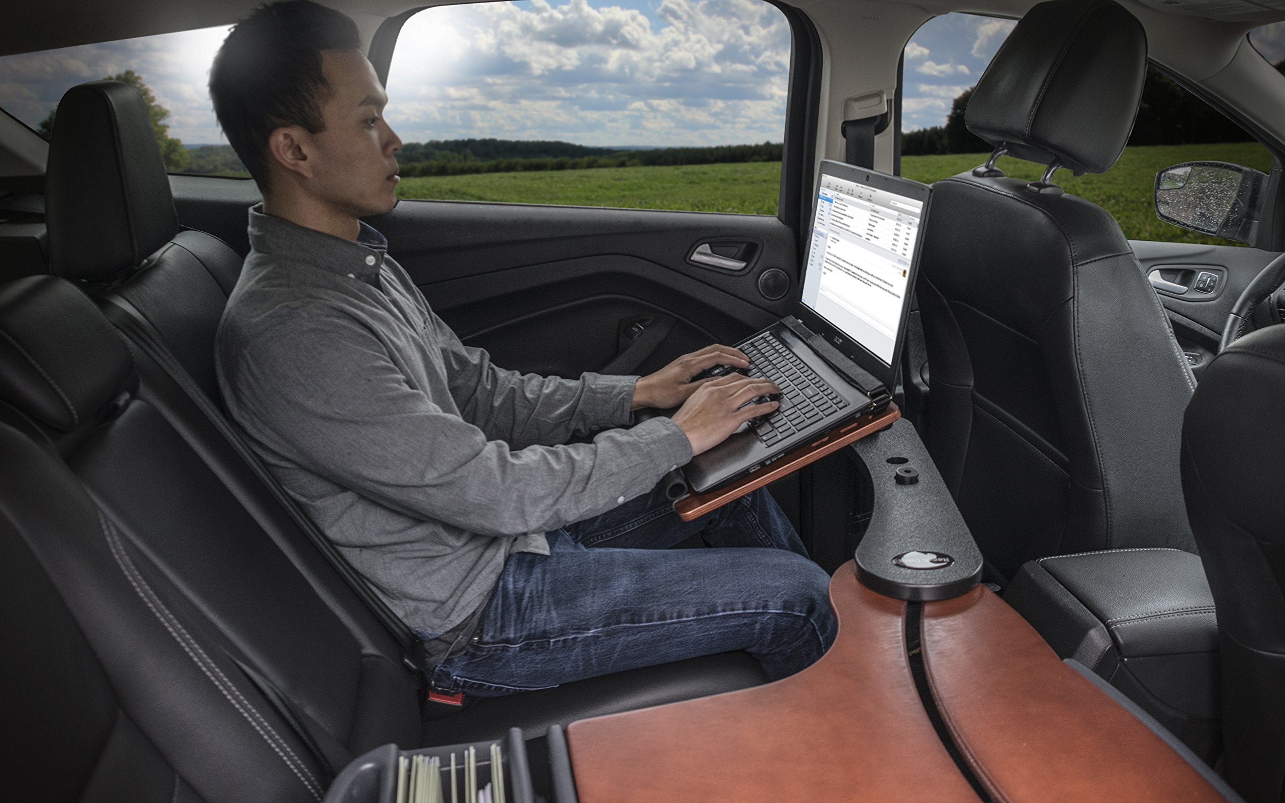 AutoExec AUE18133 Reach Desk Back Seat Organizer - Mahogany Finish with Adjustable Phone & Tablet Mount, Printer Stand - Perfect for Car, Office & Home Workspace Organization