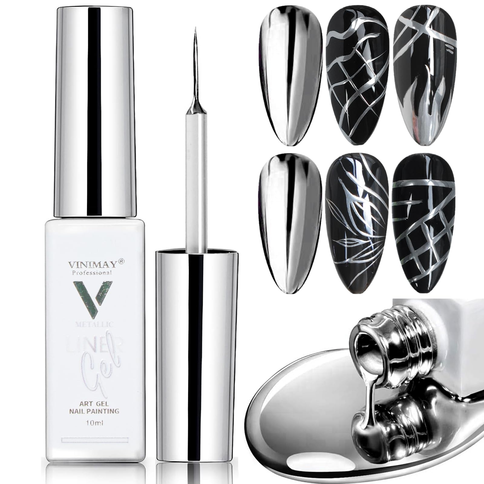 Metallic Chrome Gel Polish - Silver Mirror UV/LED Soak Off Nail Art Liner with Built-in Thin Brush for Salon & Home DIY Manicure | Perfect for Nail Art Designs, French Tips & Creative Nail Painting