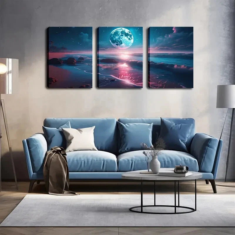 3-Piece Bright Big Moon Beach Wall Art Set - Framed 40x60cm Canvas Prints - High Quality Australian Made Wall Decor for Living Room, Bedroom & Office - Ready to Hang Coastal Home Decor