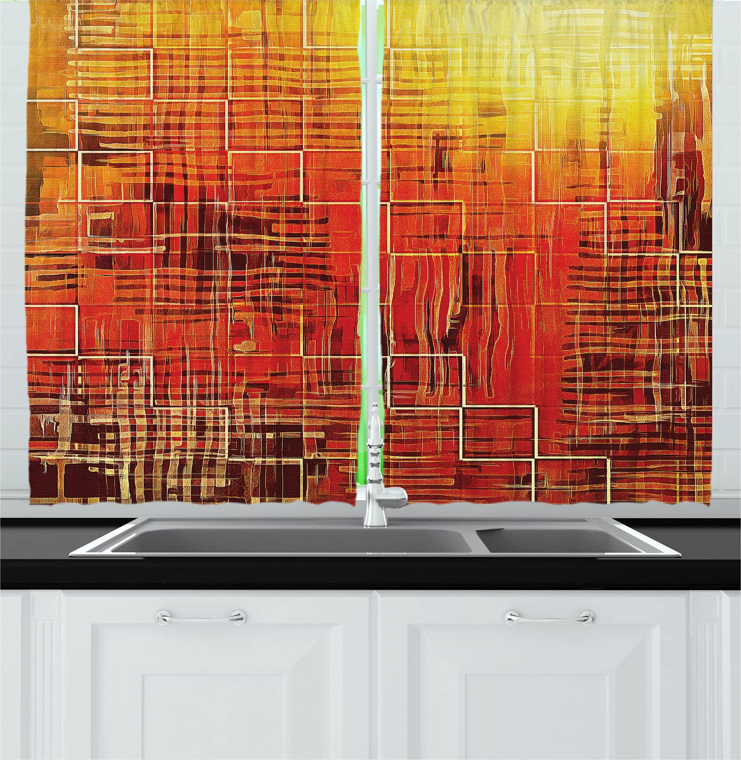 Ambesonne Burnt Orange Long Kitchen Curtains - Modern Mosaic Art Texture with Small Frames & Lines Fall Design - 2 Panel Drapes with Rod Pocket - 55