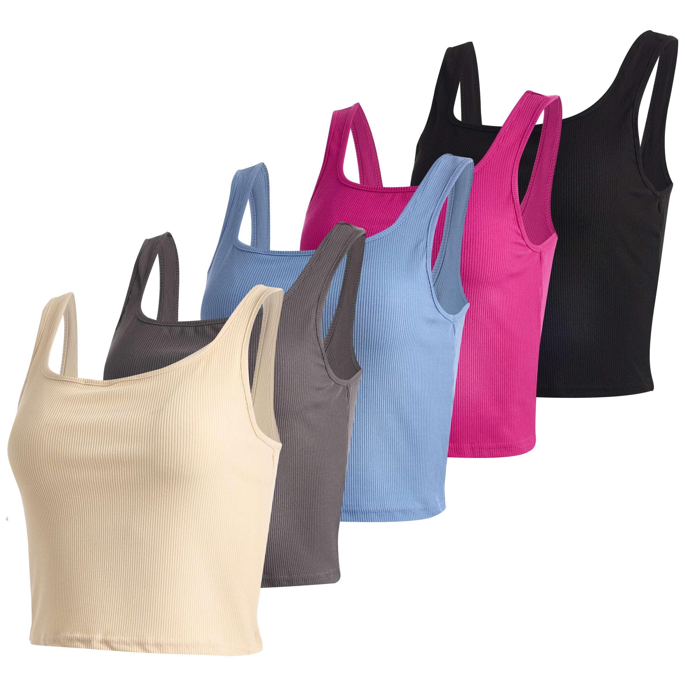 Real Essentials 5 Pack Women's Soft Knit Ribbed Square Neck Cropped Tank Tops - Sleeveless Stretchy Casual Tops for Summer, Workout, Layering & Everyday Wear