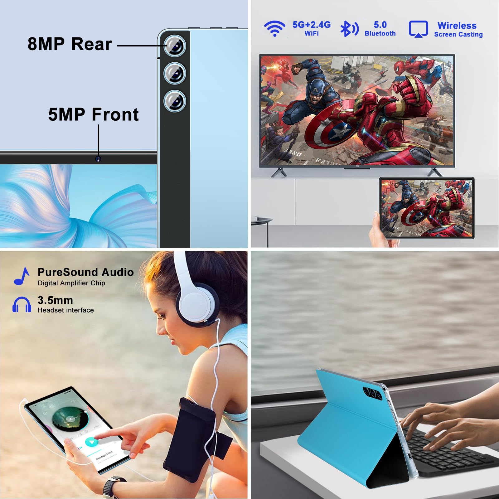 ZIOVO 10 Inch Android 14 Tablet with 22GB RAM 128GB ROM (Expandable to 1TB), Octa-Core 2.0GHz, 8000mAh Battery, 5G WiFi, Widevine L1, Bluetooth 5.0 - Blue Metal Keyboard Bundle for Work, Study & Entertainment