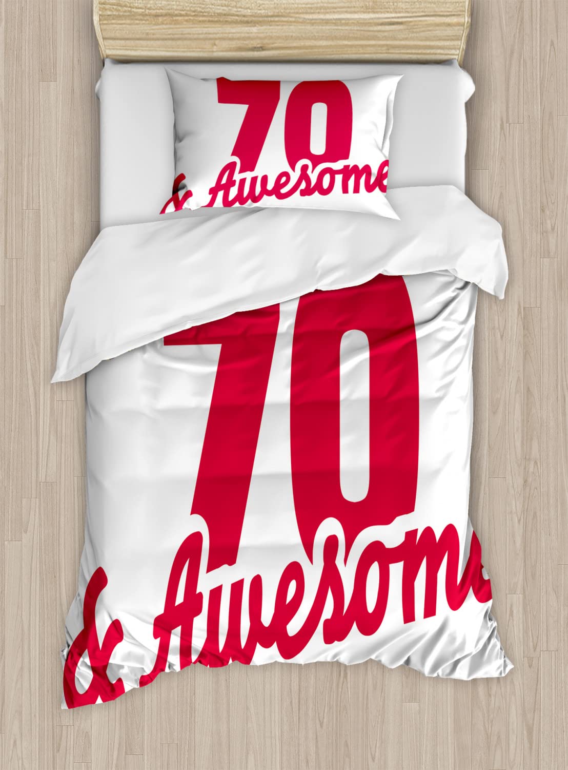 Ambesonne 70th Birthday Duvet Cover Set - 2 Twin Size Duvet Covers & 2 Pillowcases - Dark Coral & White Celebration Bedding for Anniversary Party Decorations - Perfect for Guest Rooms, Birthday Gifts and Special Occasions