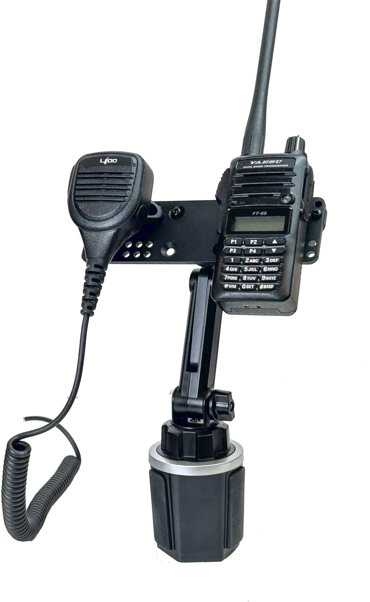 Universal Cup Holder Mount with Adjustable Height & Mic Holder - Compatible with Anytone, BaoFeng, Icom, Kenwood, Yaesu, Wouxun HT Radios - Perfect for Car, Truck, Jeep & Off-Road Adventures