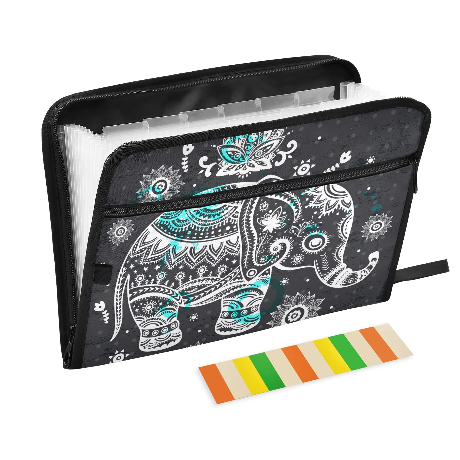 KFBE India Elephant Expanding File Folder with Sticky Labels - 13 Pocket Accordion Organizer for Letter/A4 Documents - Zippered Closure Expanding File Folder for Office, School, Home & Travel Use