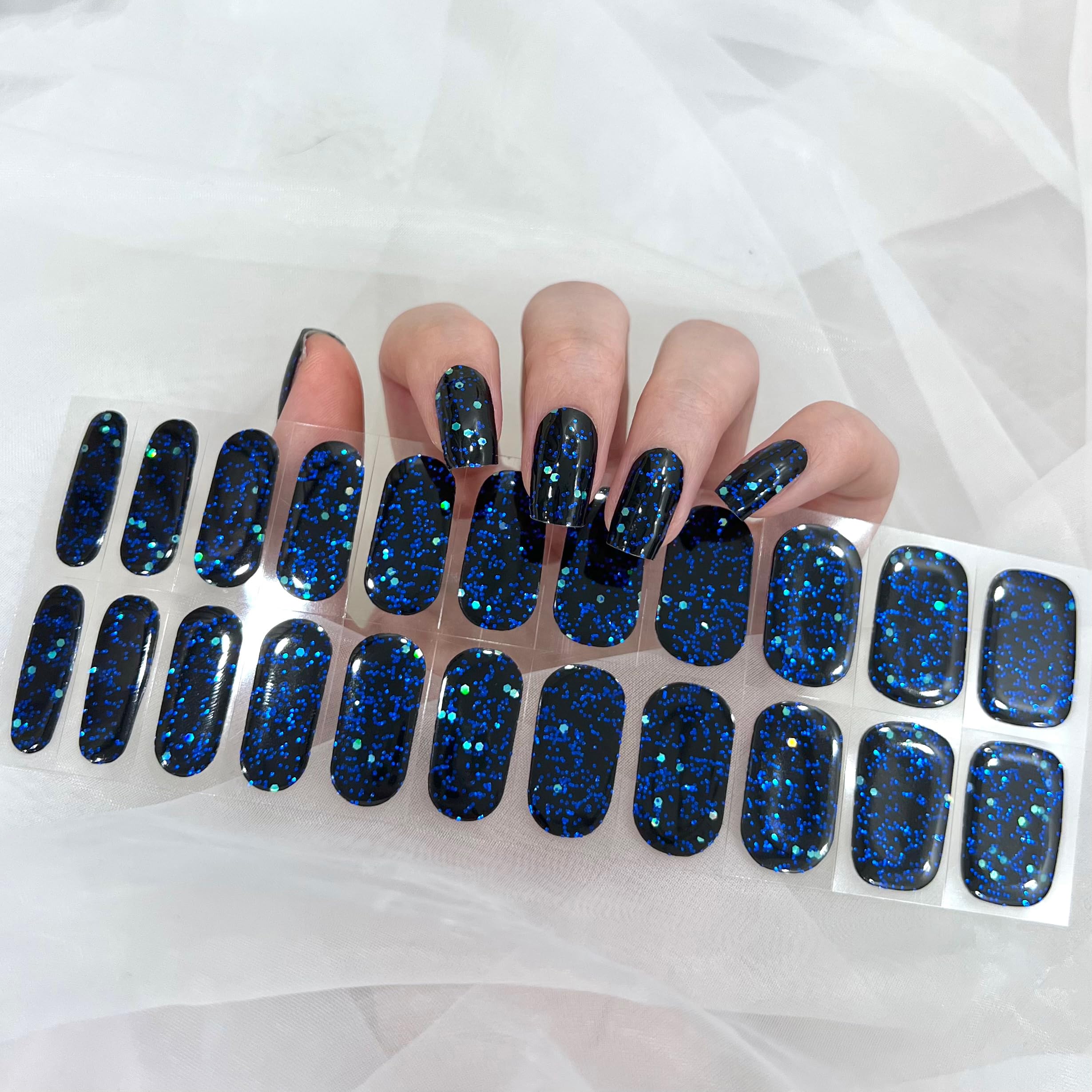 Semi Cured Gel Nail Stickers - Black & Blue Sparkly Sequins Nail Polish Strips | DIY Manicure Kit for Women | Perfect for Parties, Weddings & Special Occasions