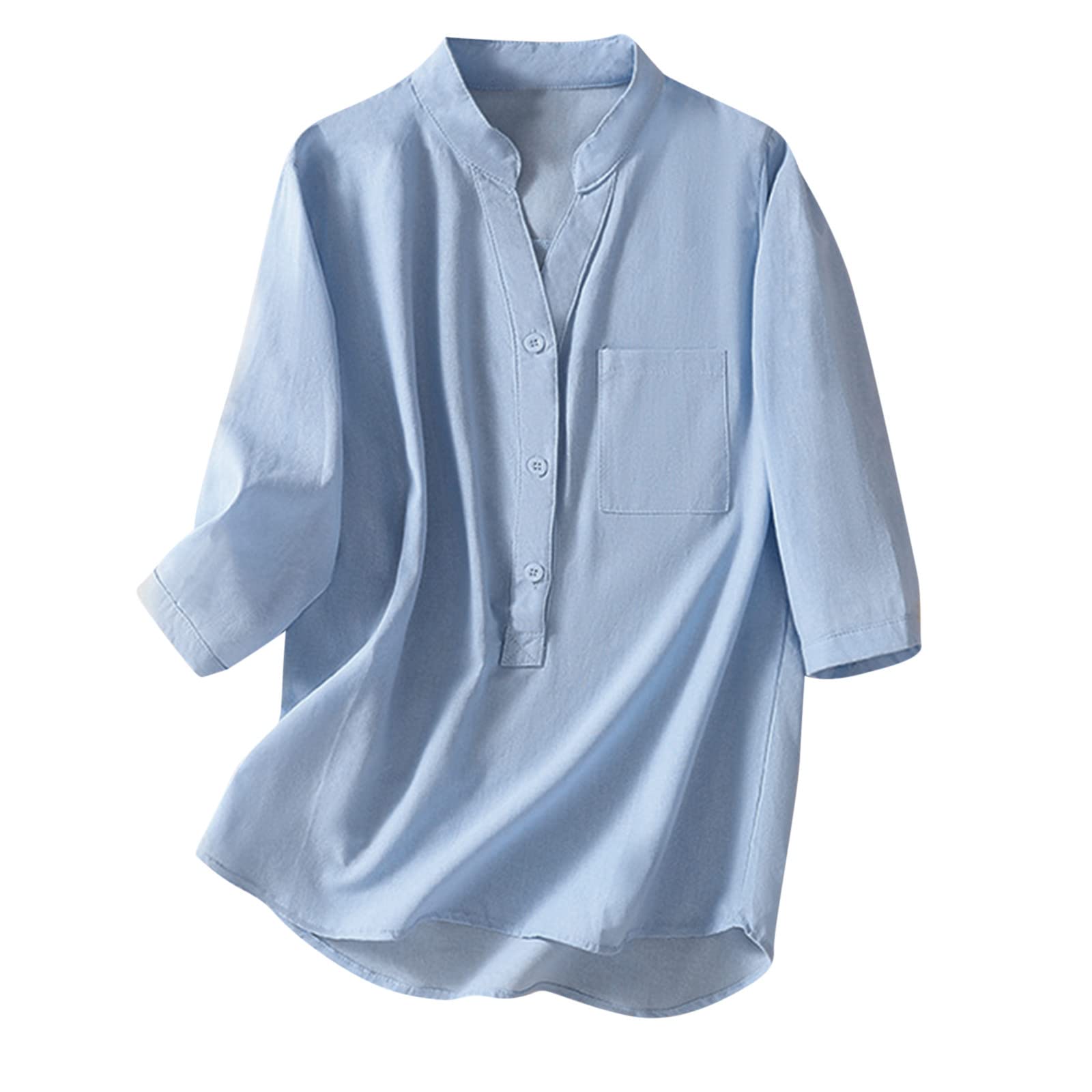 Women's V-Neck Button Down Shirt - Solid Color 3/4 Sleeve Casual Blouse for Summer & Fall | Loose Fit Comfortable Tops for Work, Dating & Everyday Wear