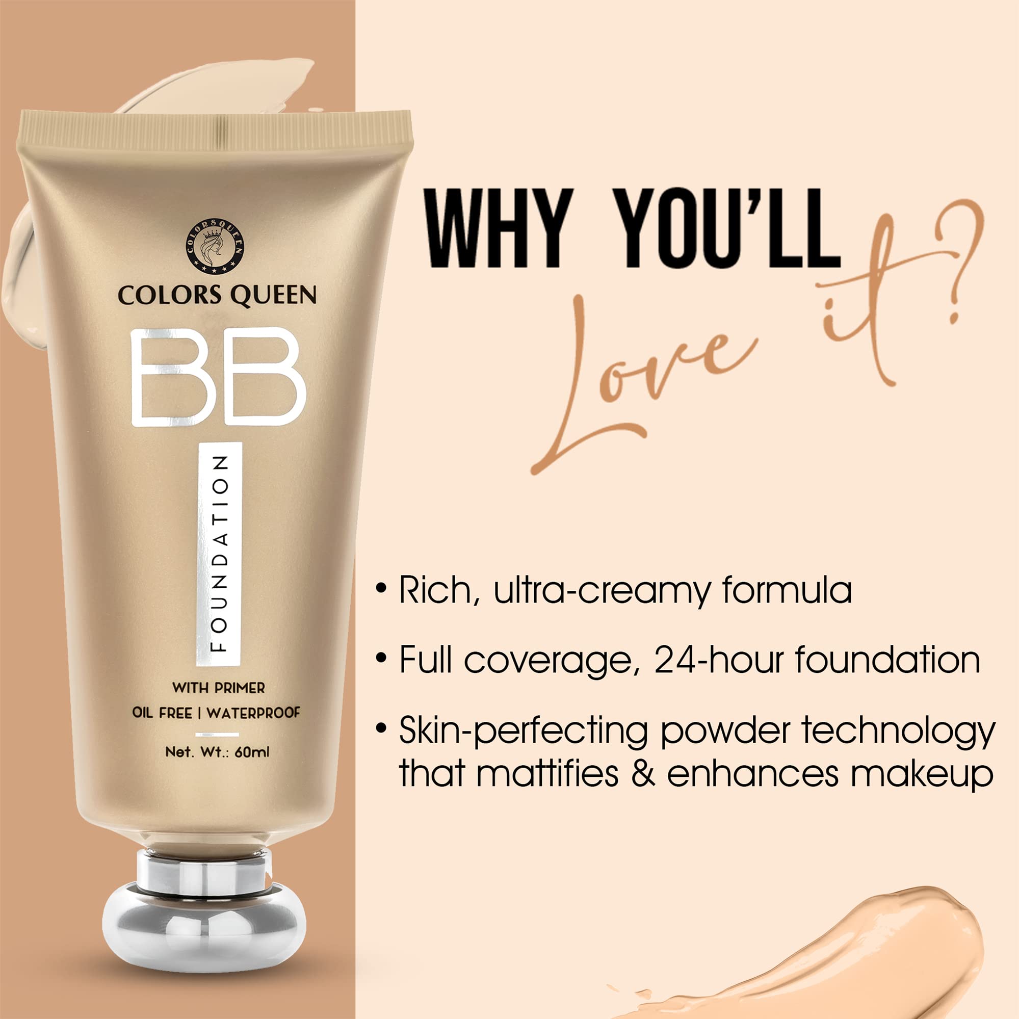 COLORS QUEEN Bb Liquid Foundation With Primer, 01 Ivory, 60Ml | Matte Finish, Full Coverage, Oil-Free & Waterproof Foundation | Long-Lasting Makeup for Oily Skin | Perfect for Daily Wear, Special Occasions & Photography