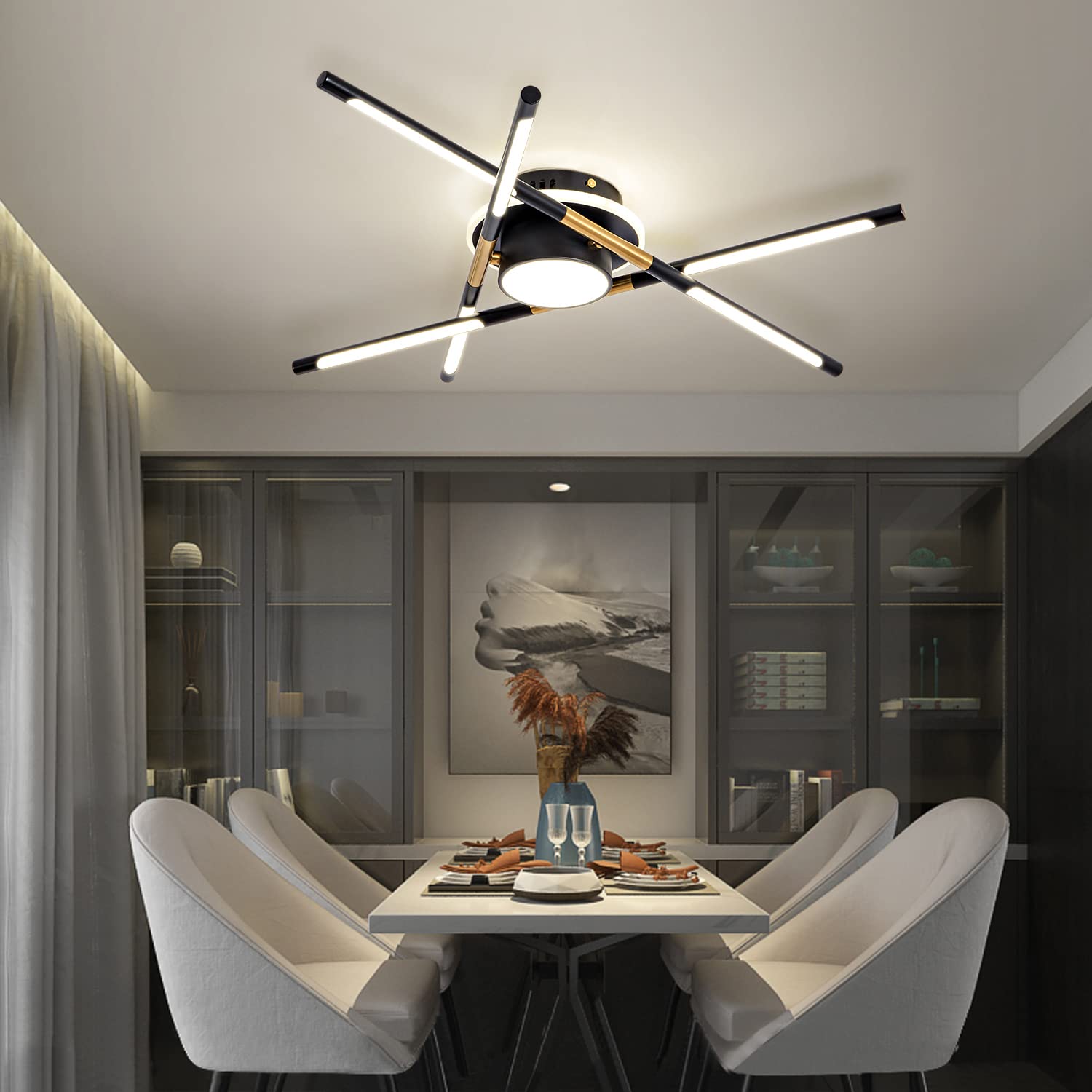 Modern Black & Gold Industrial Sputnik LED Ceiling Light Fixture - 23.6 Inch 4000K Warm White - Decorative Lighting for Dining Room, Living Room, Bedroom - Perfect for Home, Office & Restaurant Ambiance