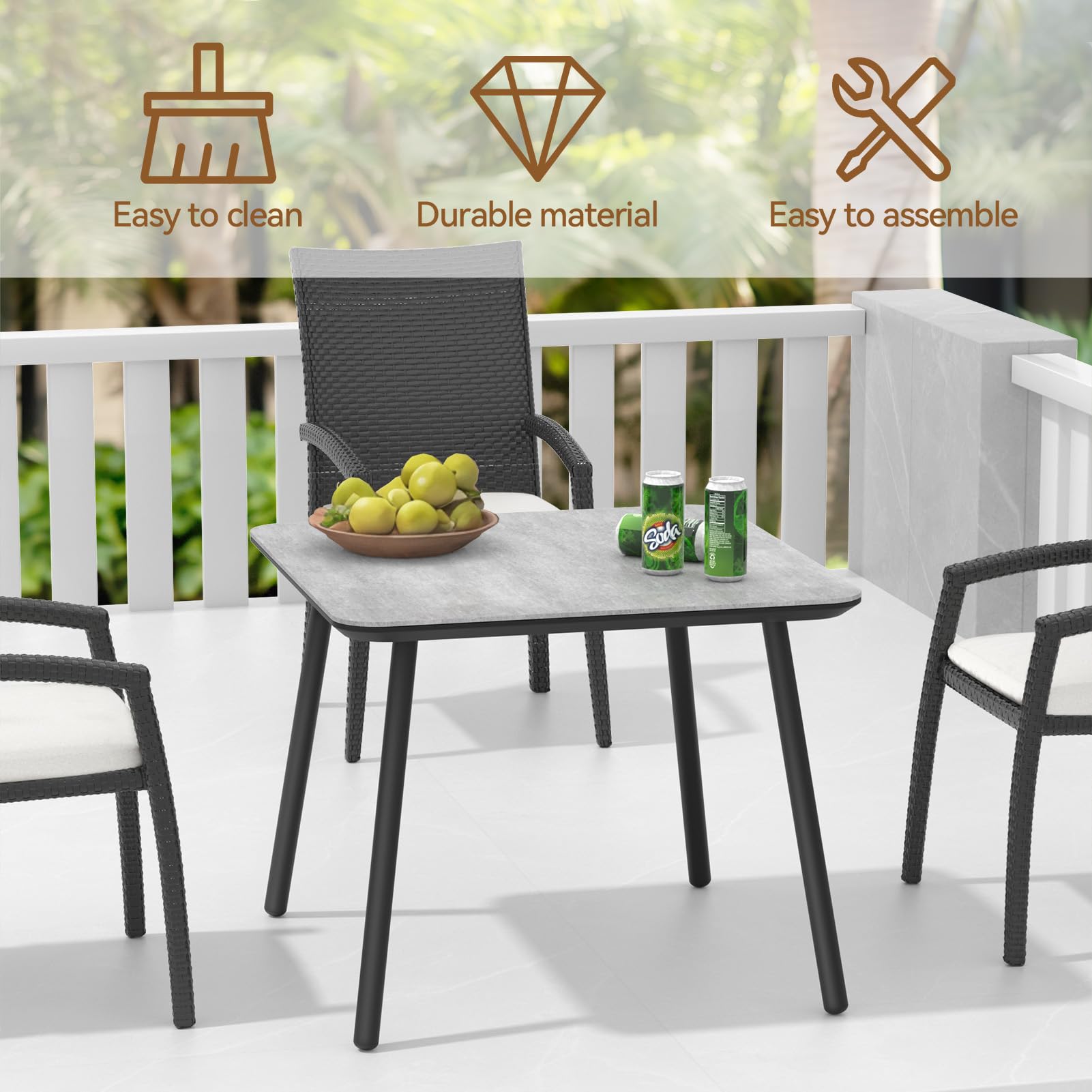 Square Metal Outdoor Dining Table with Marble Look Top - Patio, Garden, Backyard Furniture for Dining & Entertaining
