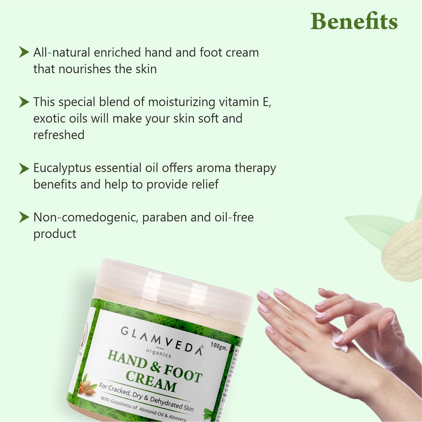 Glamveda Ayurvedic Hand & Foot Crack Cream - 100gm for Dry, Rough Skin & Cracked Heels - Paraben Free with Almond Oil, Aloe Vera & Mango Butter - Deep Moisturizing & Repairing Treatment - Perfect for Winter Care & Overnight Healing