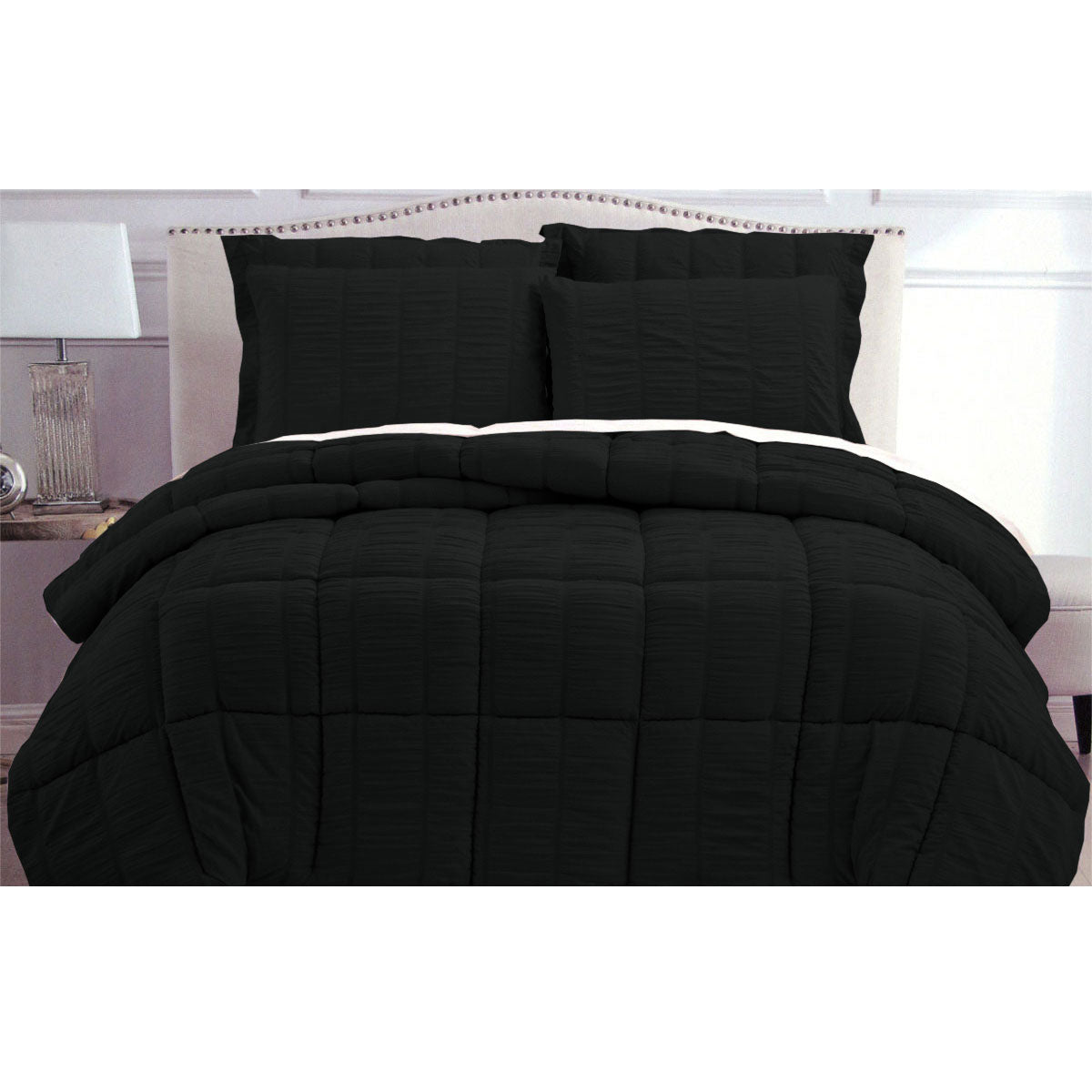 Premium Seersucker Comforter Set Queen Size - Soft & Breathable Hotel Luxury Bedding - Black - Perfect for Guest Rooms, Master Bedrooms & Vacation Homes