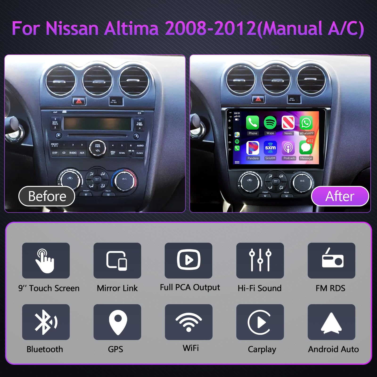 2008-2012 Nissan Altima Car Stereo with Wireless Apple CarPlay & Android Auto - 9