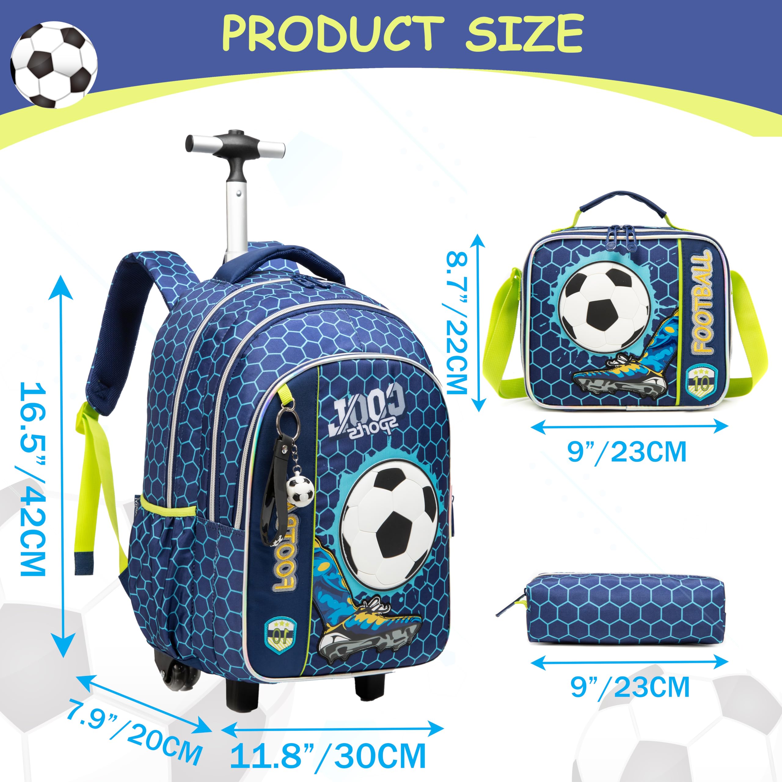 Rolling Backpack with Wheels for Kids - Durable School Backpack for Boys & Elementary Students, Includes Lunch Bag & Pencil Case - Perfect for School, Travel & Daily Use