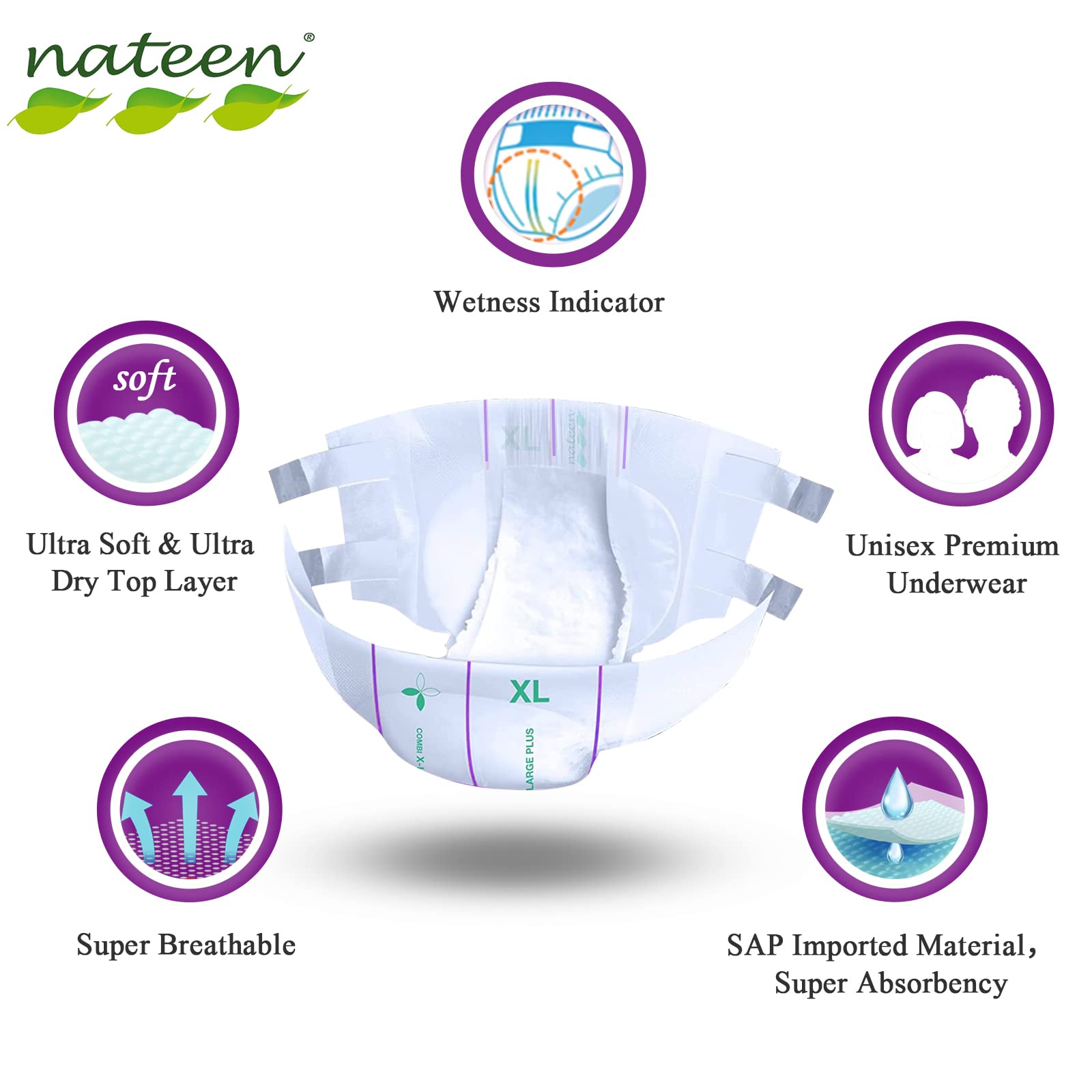 Nateen Combi Ultra Adult Diapers - Unisex Disposable Incontinence Briefs with Tabs for Men & Women - High Absorbency Overnight Protection - Medium Size 80 Count - Ideal for Home Care, Hospital Use and Travel