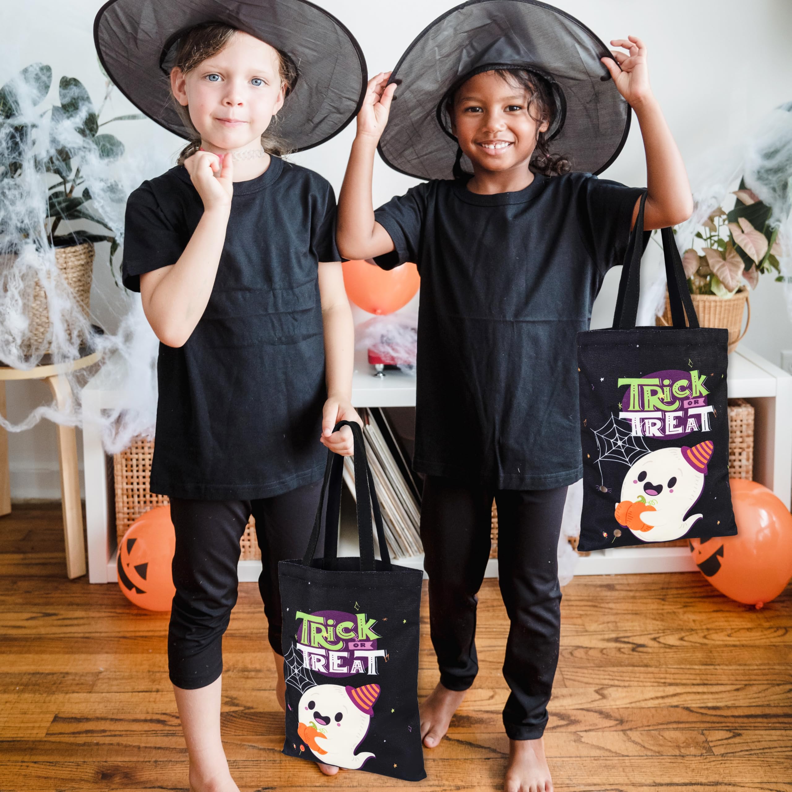 ATFUNSHOP Halloween Trick or Treat Bags - 15.7 Inch Large Reusable Ghost Canvas Tote Bucket for Kids - Perfect for Candy Collection, Halloween Parties & Festive Decorations