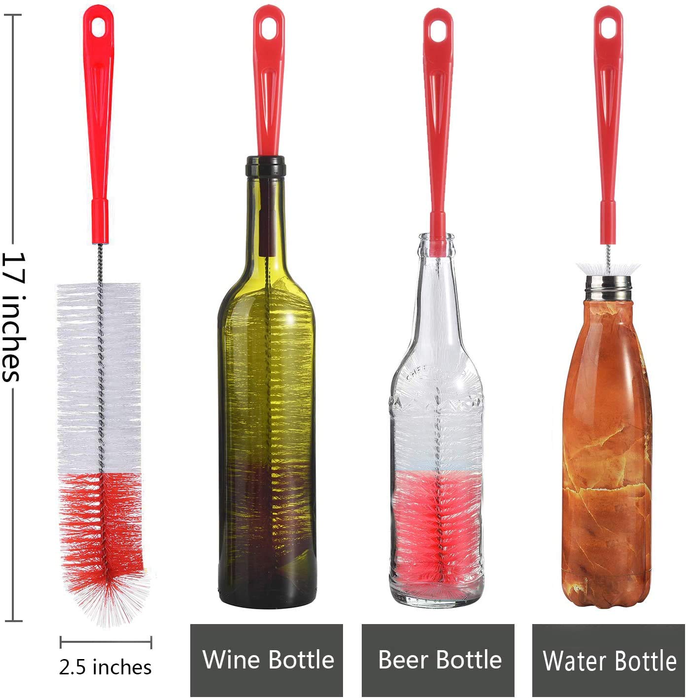 ALINK 3-Pack Long Red Bottle Brush for Beer, Wine, Hydroflask - 16/17 Inches - Perfect for Narrow Neck Cleaning