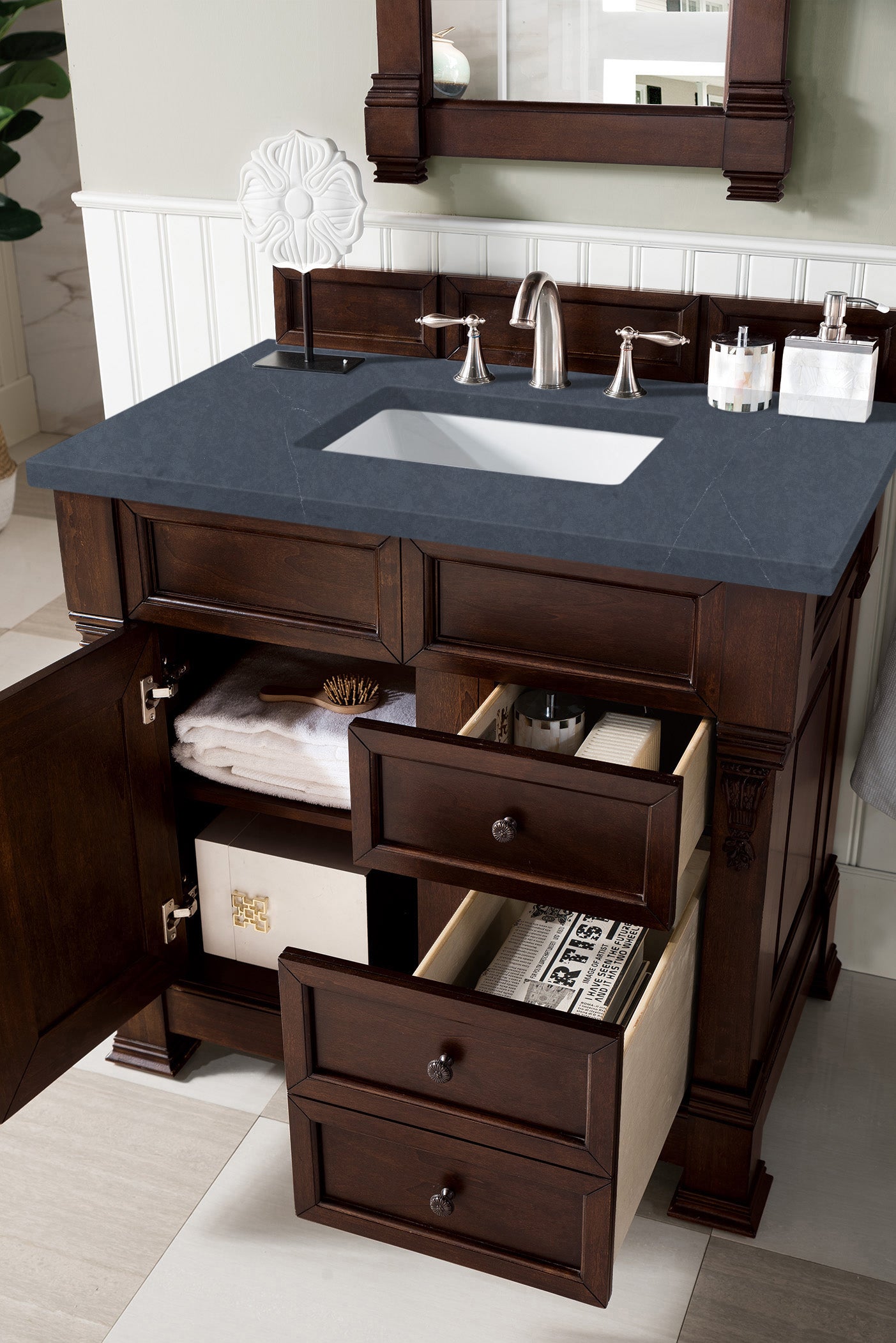 Brookfield 36 Inch Single Bathroom Vanity with Burnished Mahogany Base & 3CM Charcoal Soapstone Quartz Countertop - Perfect for Modern Home Bathroom Renovation