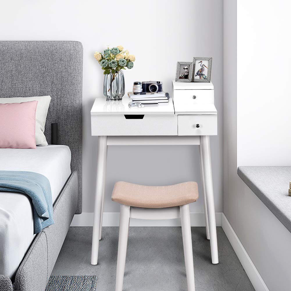 Vanity Dressing Table Set with Flip Mirror & Stool - Modern Writing Desk & Makeup Vanity for Bedroom, Home Office - Perfect for Beauty Routine, Study & Work Space