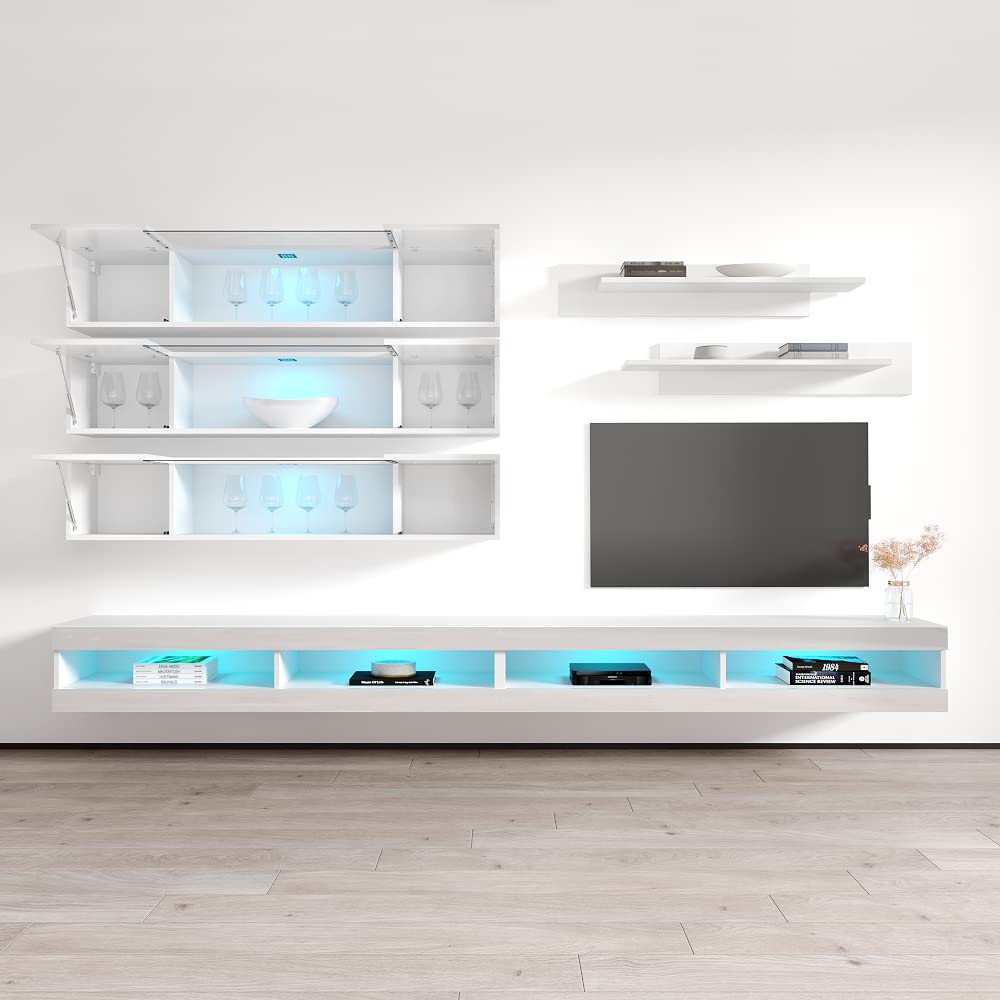Modern White Wall-Mounted TV Stand with Storage Shelves & LED Lights - Floating Entertainment Center Console for Living Room & Bedroom - Space-Saving Furniture for Small Apartments & Home Theaters
