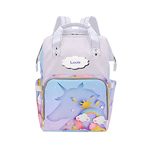 Premium Unicorn Floral Purple Diaper Backpack - Large Baby Nappy Bag with Name Tag - Waterproof Tote Daypack for Moms & Dads - Perfect for Daycare, Travel & Family Outings